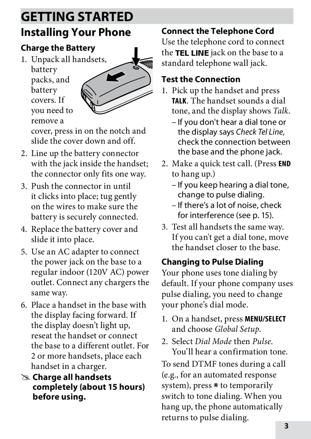 Uniden D1760-2 Getting Started, Installing Your Phone, Charge the Battery, Test the Connection, Changing to Pulse Dialing 