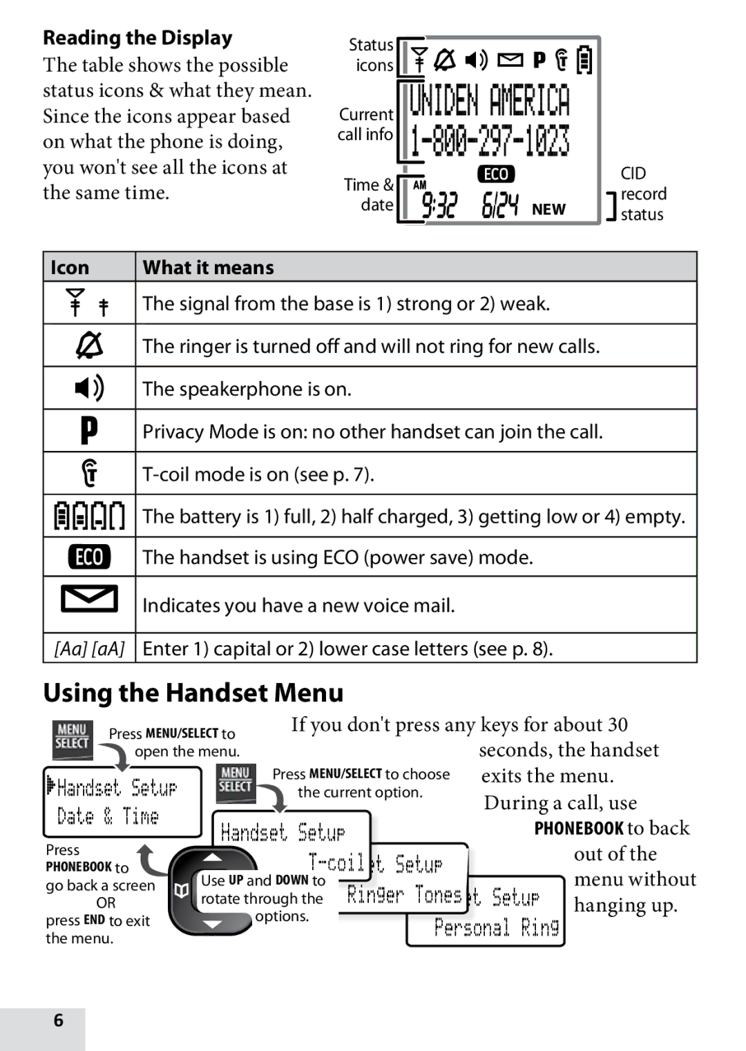 Uniden D1760-12, DRX100, D1760-2, D1760-11 owner manual Using the Handset Menu, Reading the Display, Icon What it means 