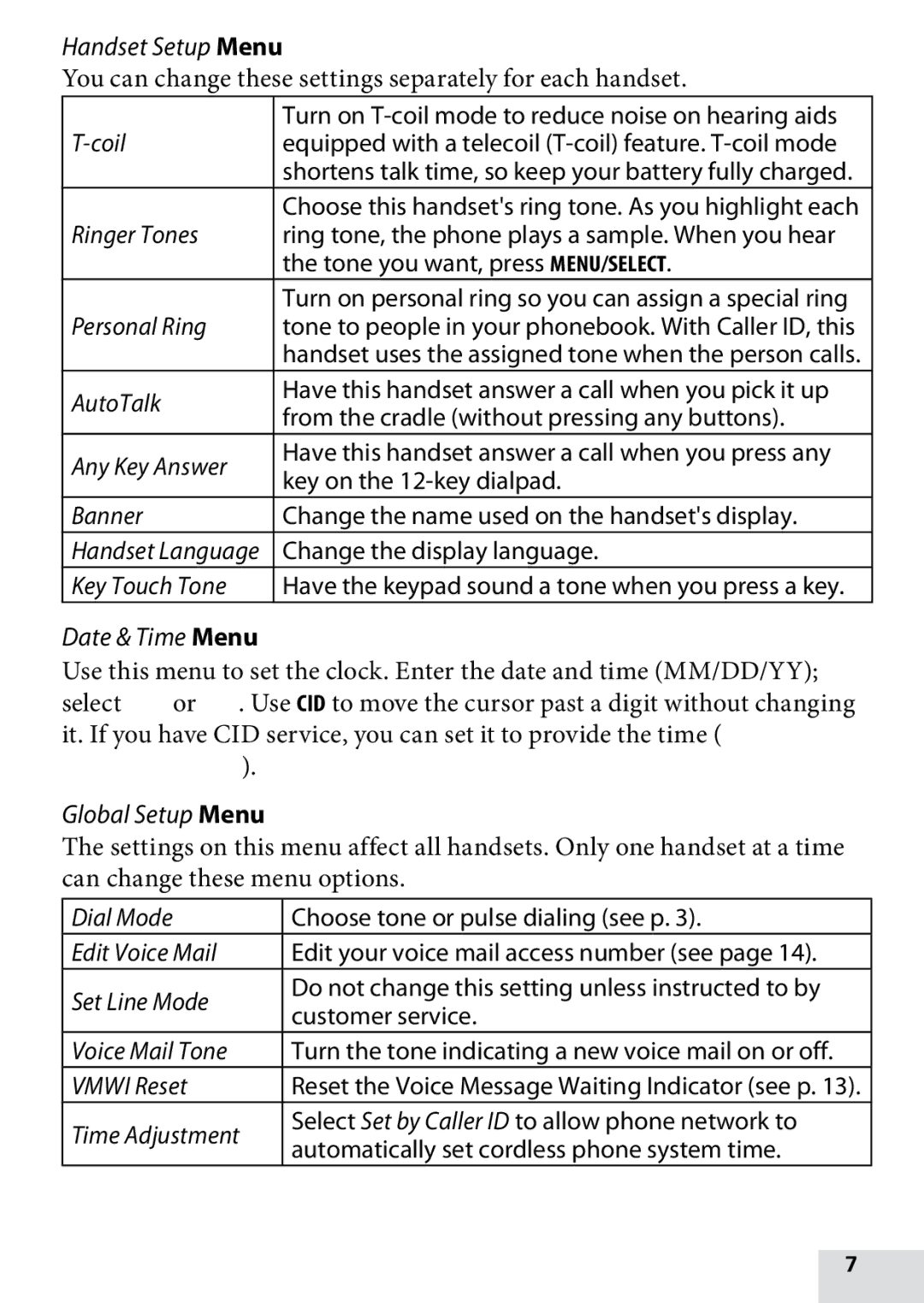 Uniden DRX100, D1760-12, D1760-2, D1760-11 owner manual Handset Setup Menu 