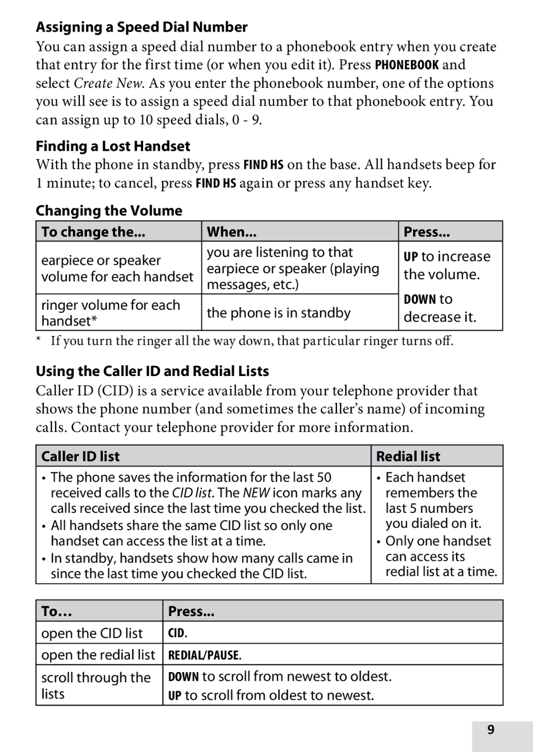 Uniden D1760-11 Assigning a Speed Dial Number, Finding a Lost Handset, Changing the Volume To change When Press, To… Press 