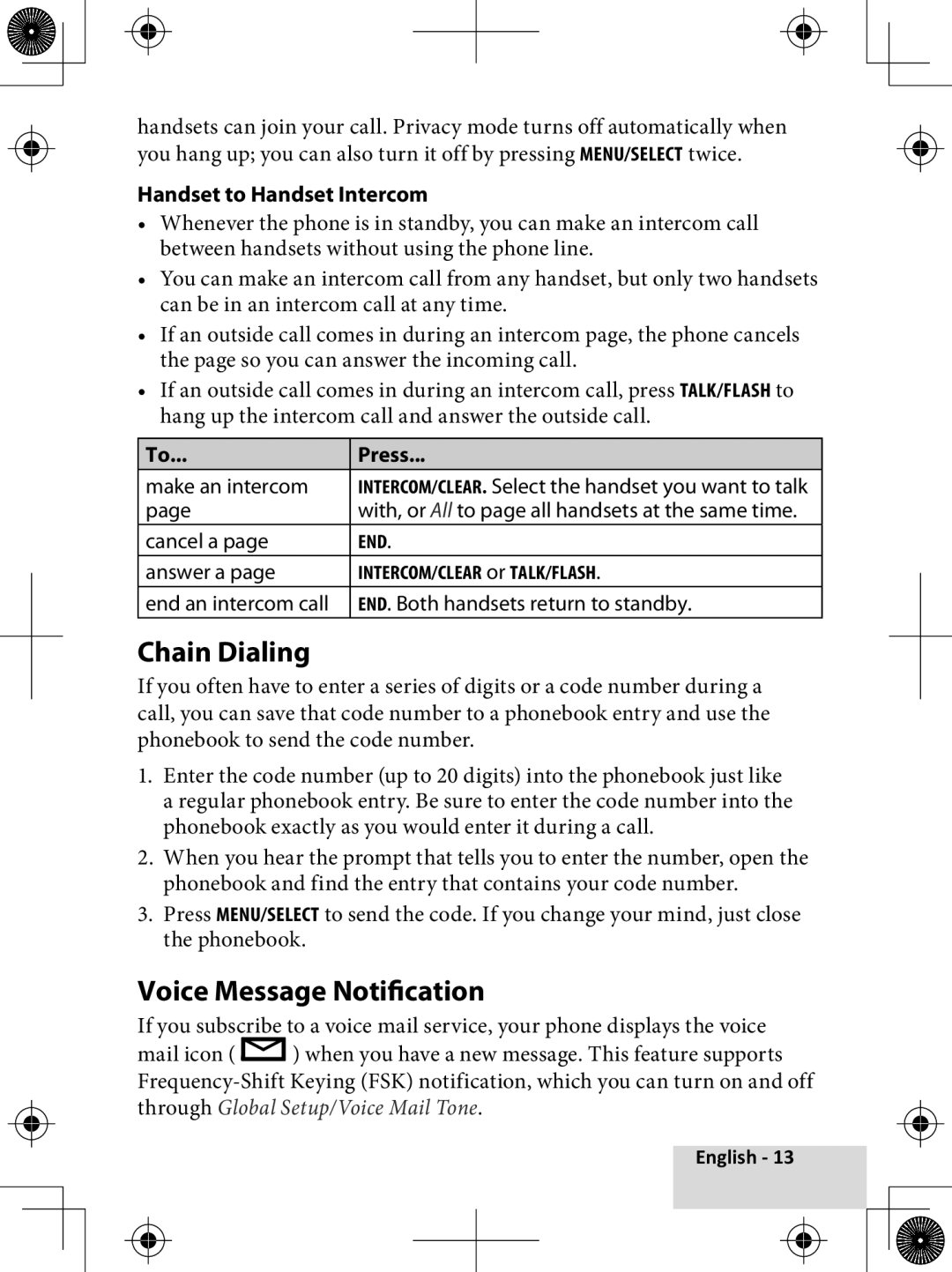 Uniden D1780-2 manual Chain Dialing, Voice Message Notification, Handset to Handset Intercom 