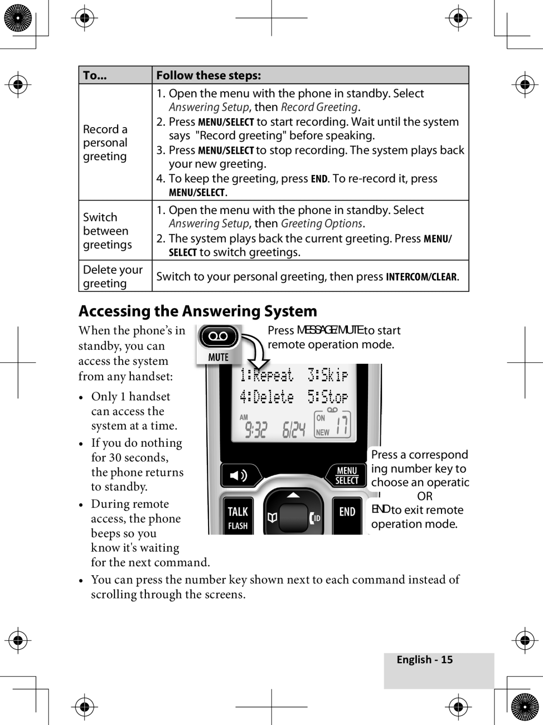 Uniden D1780-2 manual Accessing the Answering System, Follow these steps, Answering Setup, then Record Greeting 