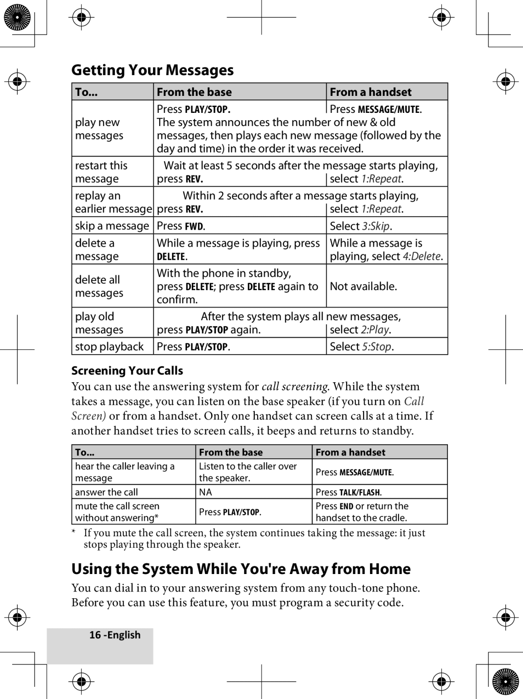 Uniden D1780-2 manual Getting Your Messages, Using the System While Youre Away from Home, From the base From a handset 