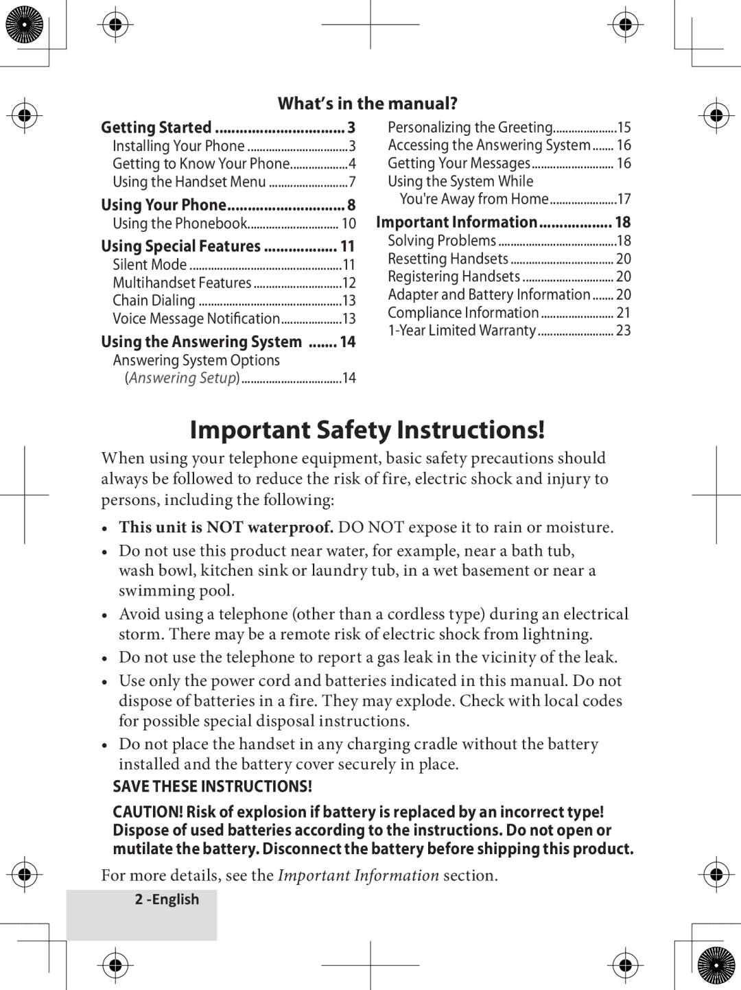 Uniden D1780-2 Important Safety Instructions, What’s in the manual?, Answering System Options, Using the System While 