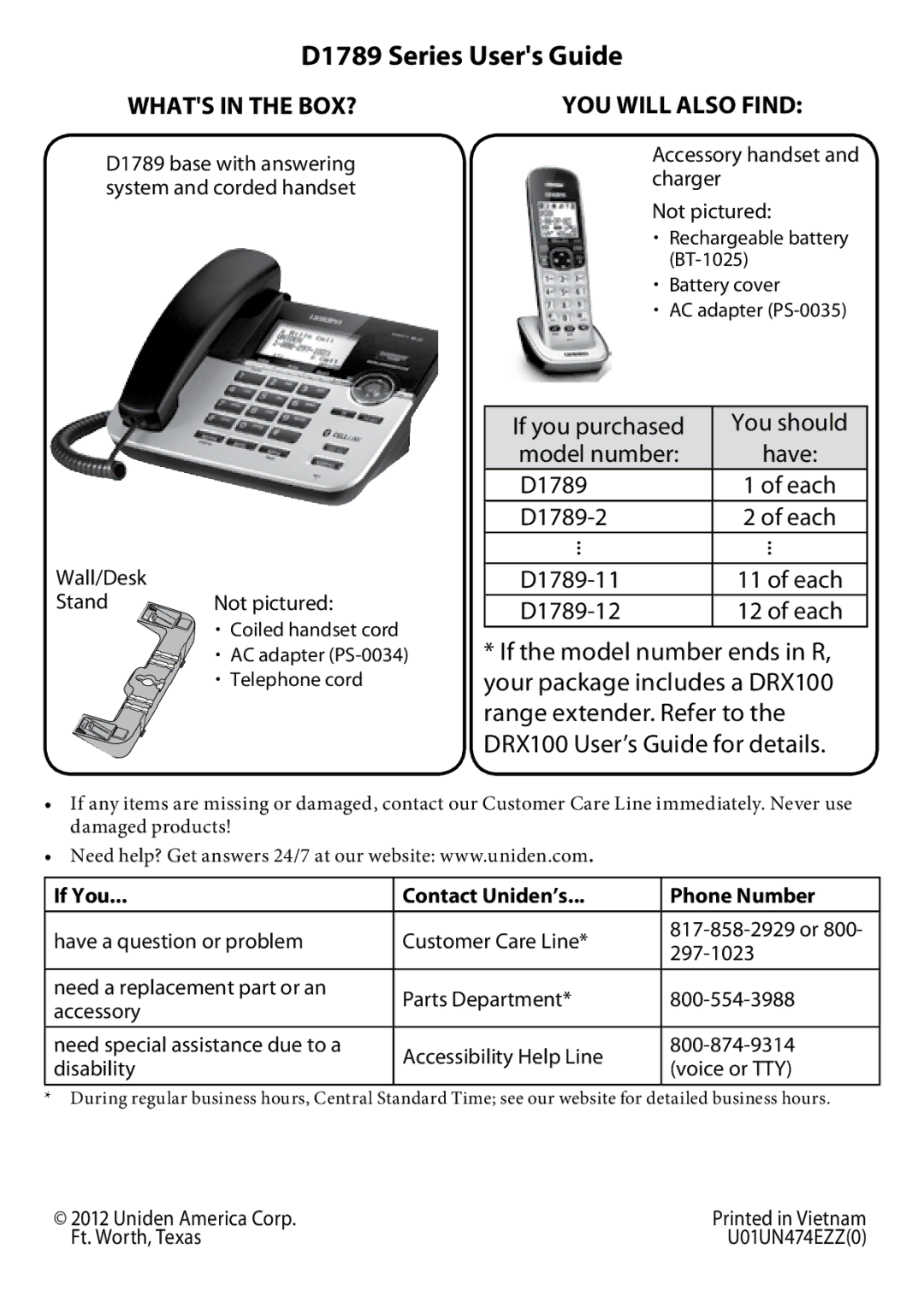 Uniden D1789-11, D1789-12, D1789-2 manual D1789 Series Users Guide, Whats in the box? You will also find 