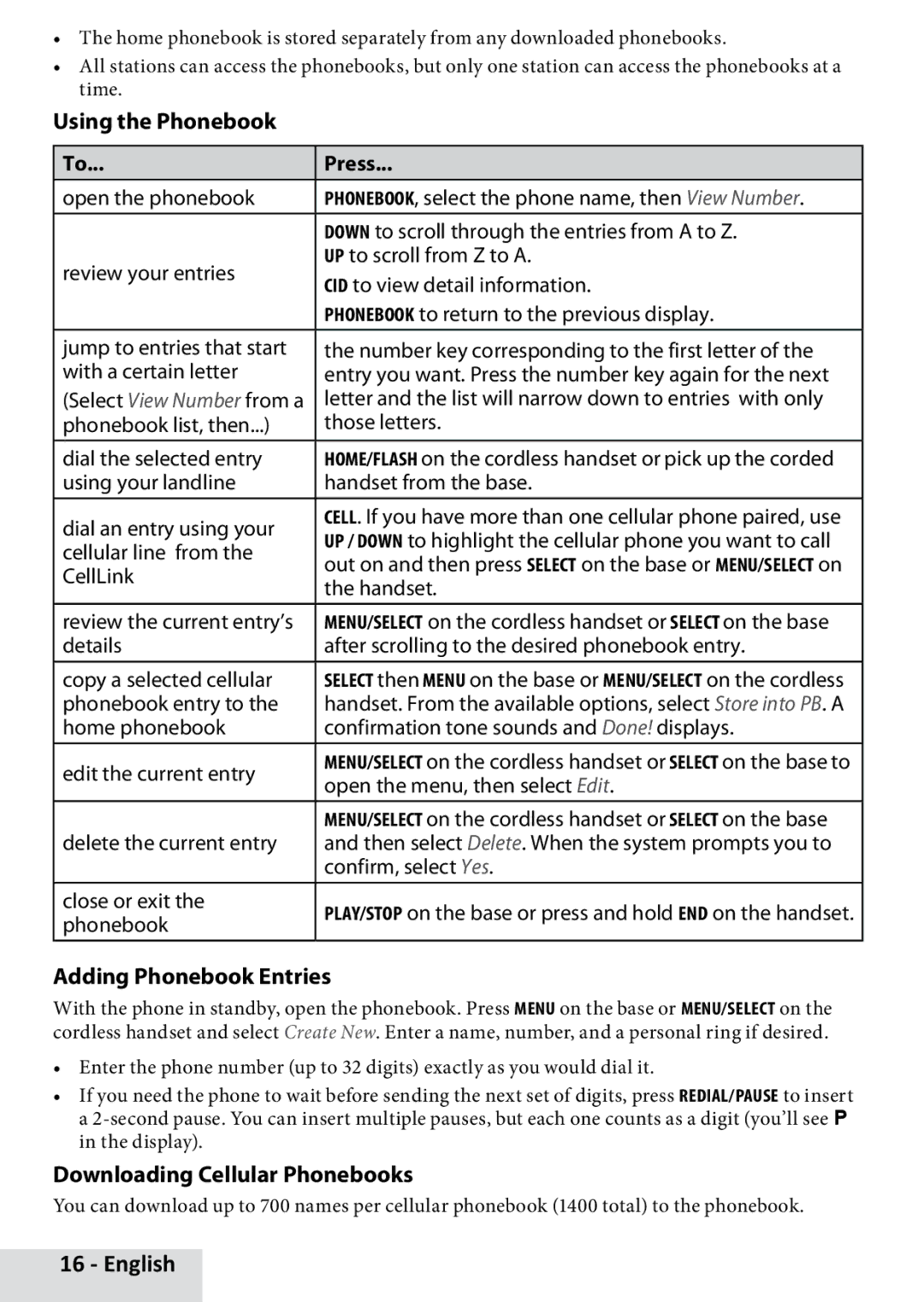 Uniden D1789-12, D1789-11, D1789-2 manual Using the Phonebook, Adding Phonebook Entries, Downloading Cellular Phonebooks 