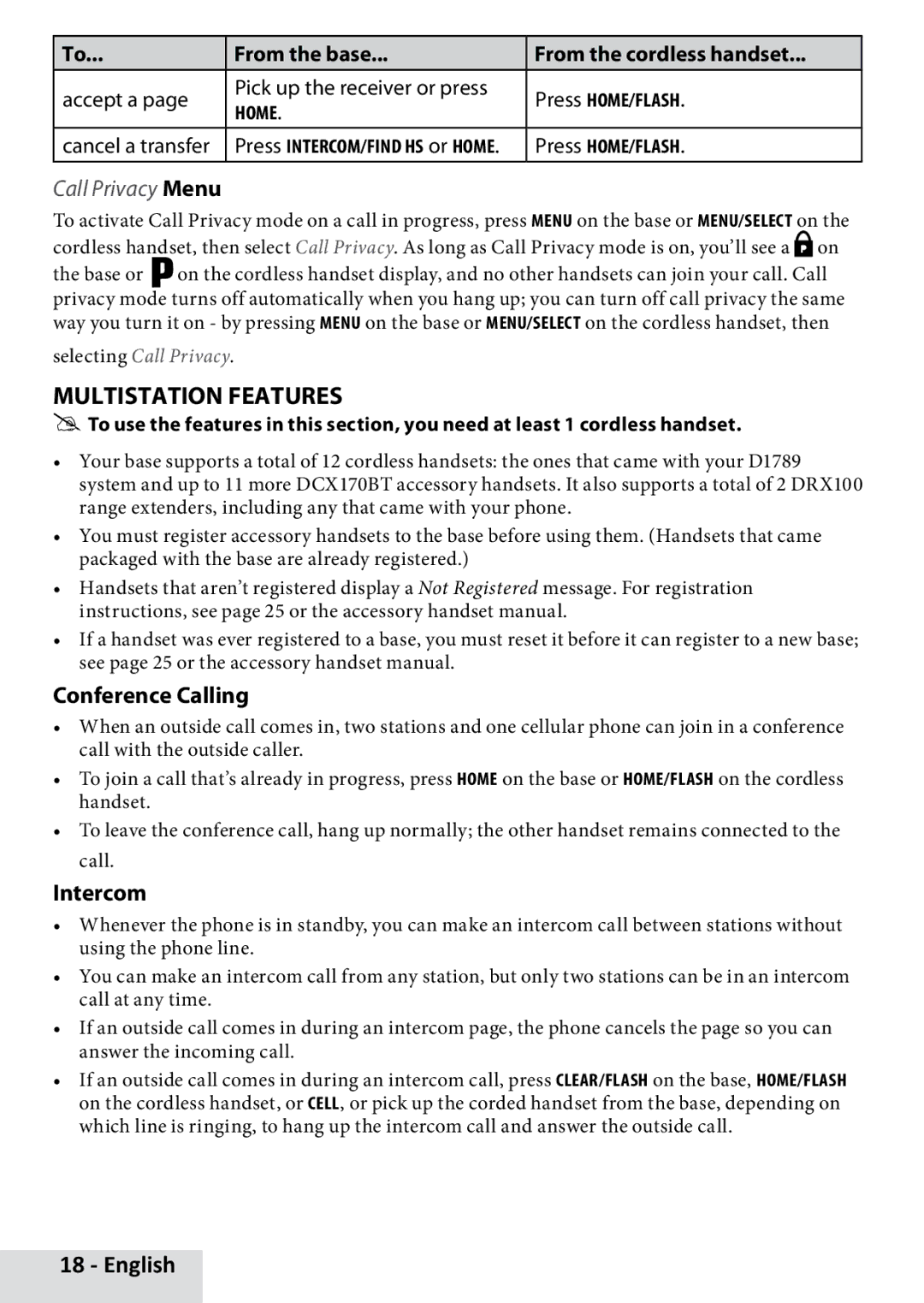 Uniden D1789-2, D1789-12, D1789-11 manual Multistation Features, Call Privacy Menu, Conference Calling, Intercom 