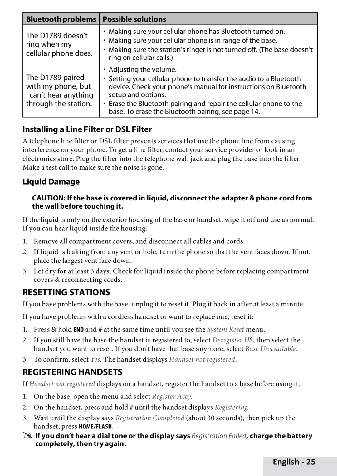 Uniden D1789-11, D1789-12 Resetting Stations, Registering Handsets, Installing a Line Filter or DSL Filter, Liquid Damage 