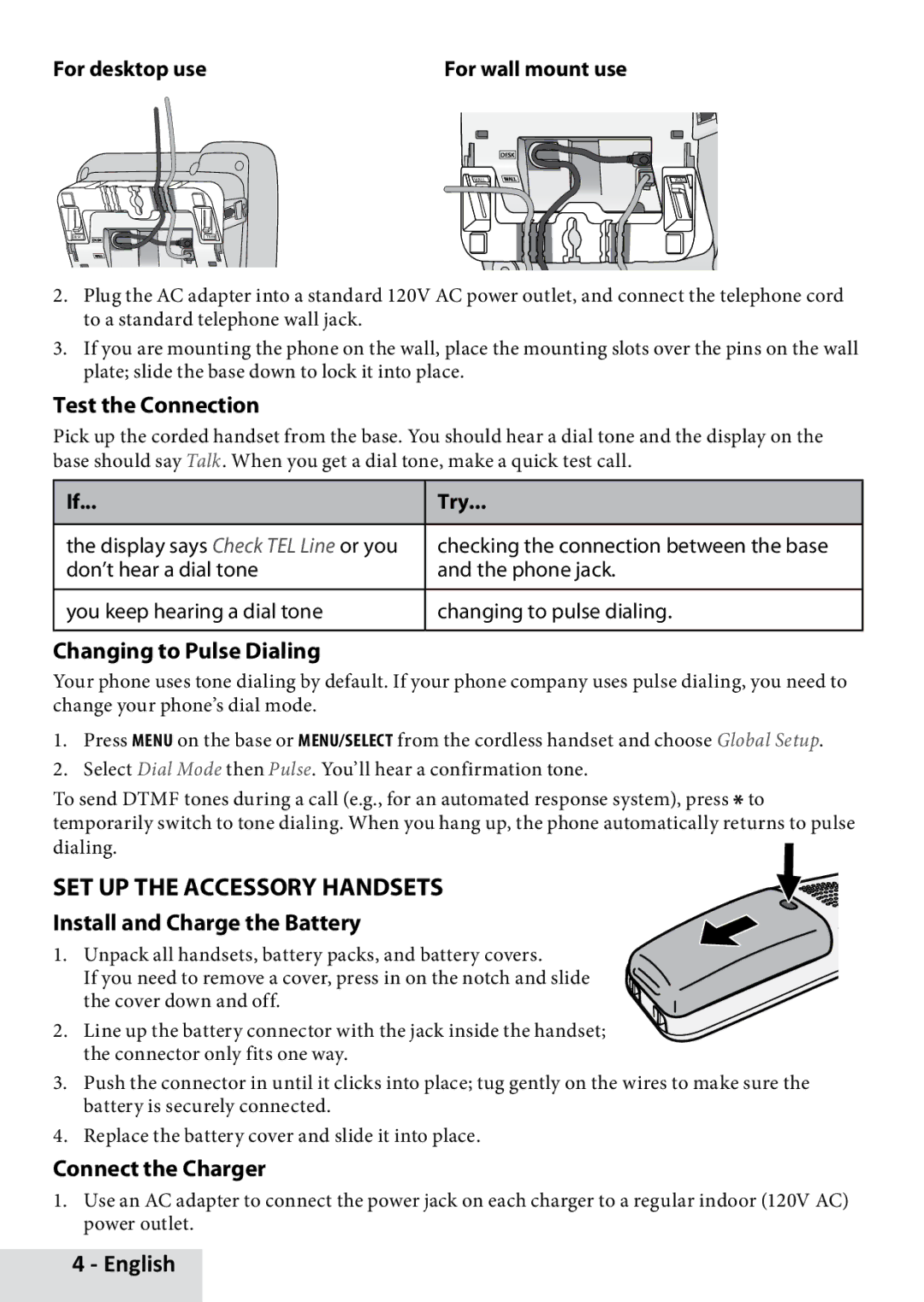 Uniden D1789-12 manual Set Up the Accessory Handsets, Test the Connection, Changing to Pulse Dialing, Connect the Charger 