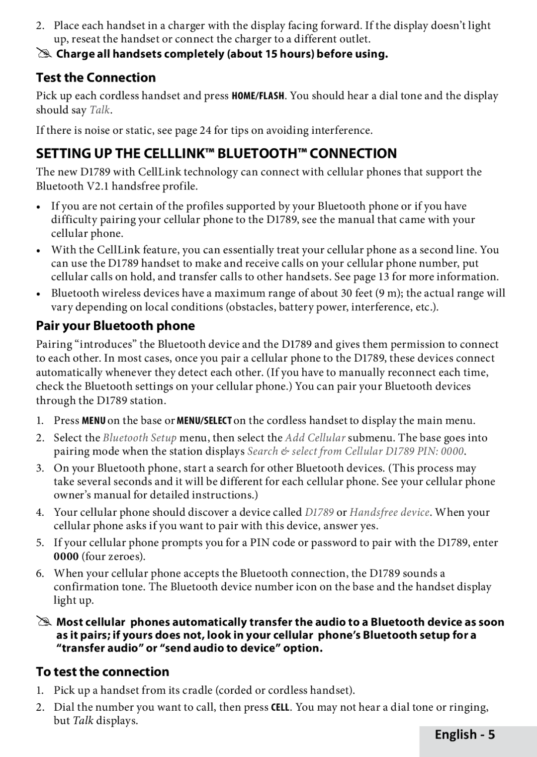 Uniden D1789-11, D1789-12 Setting Up the CellLink Bluetooth Connection, Pair your Bluetooth phone, To test the connection 