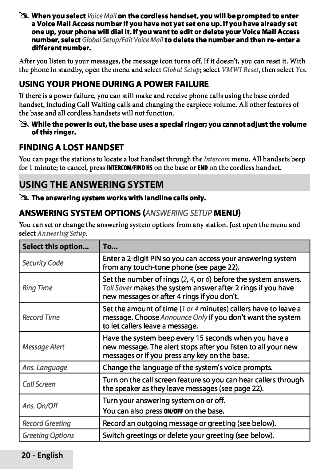 Uniden D1789-12 manual Using the Answering System, Using Your Phone During a Power Failure, Finding a Lost Handset, English 