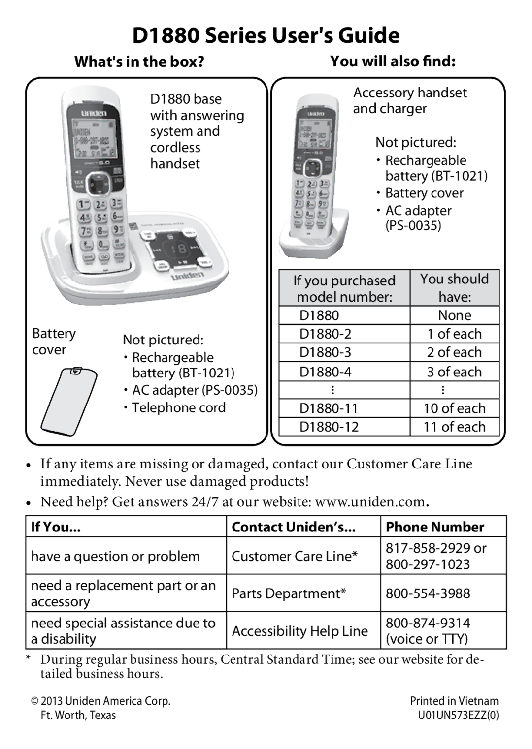 Uniden manual D1880 Series Users Guide, Whats in the box?, You will also find, If You Contact Uniden’s Phone Number 