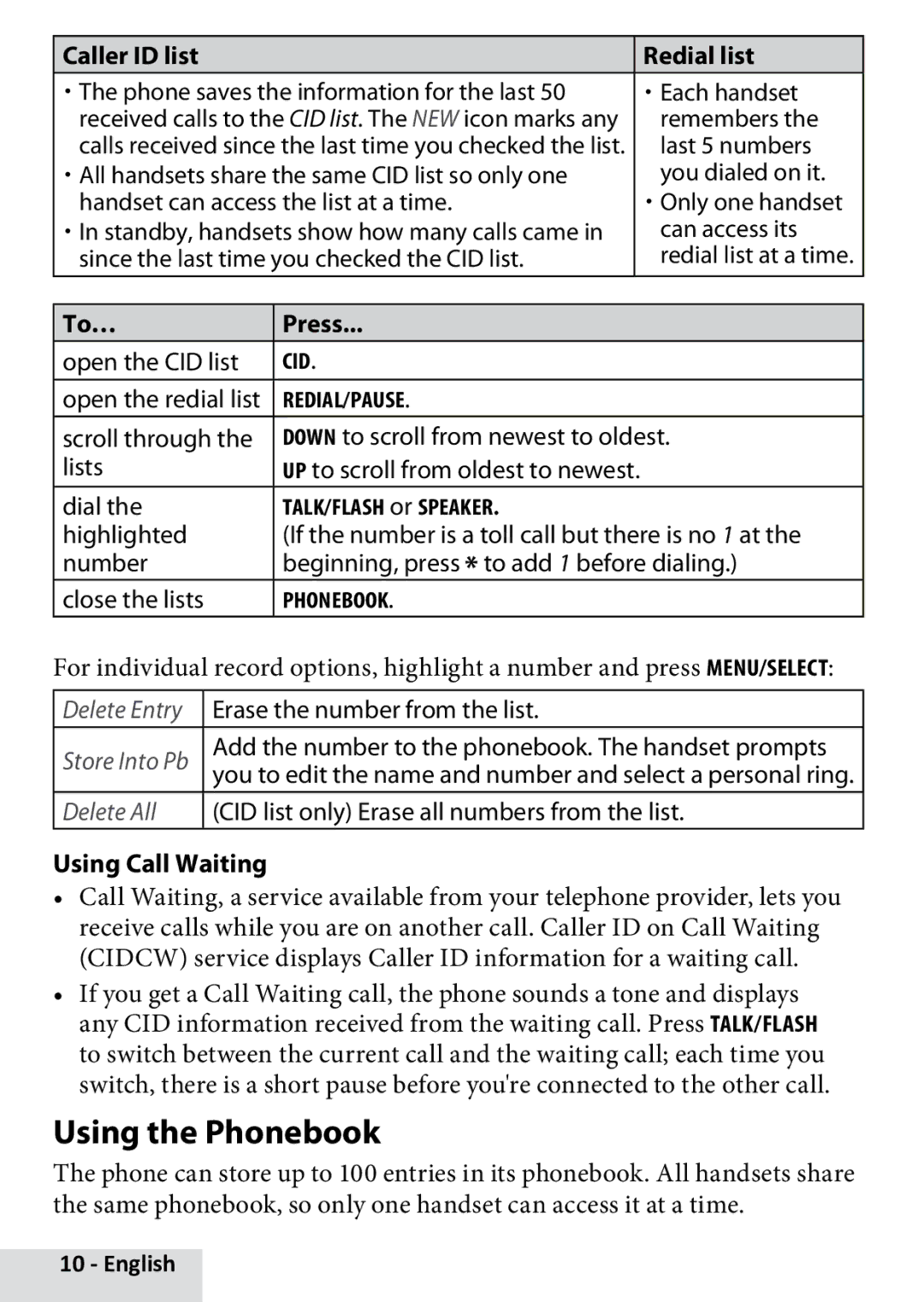 Uniden D1880 manual Using the Phonebook, Caller ID list Redial list, To… Press, Delete All, Using Call Waiting 