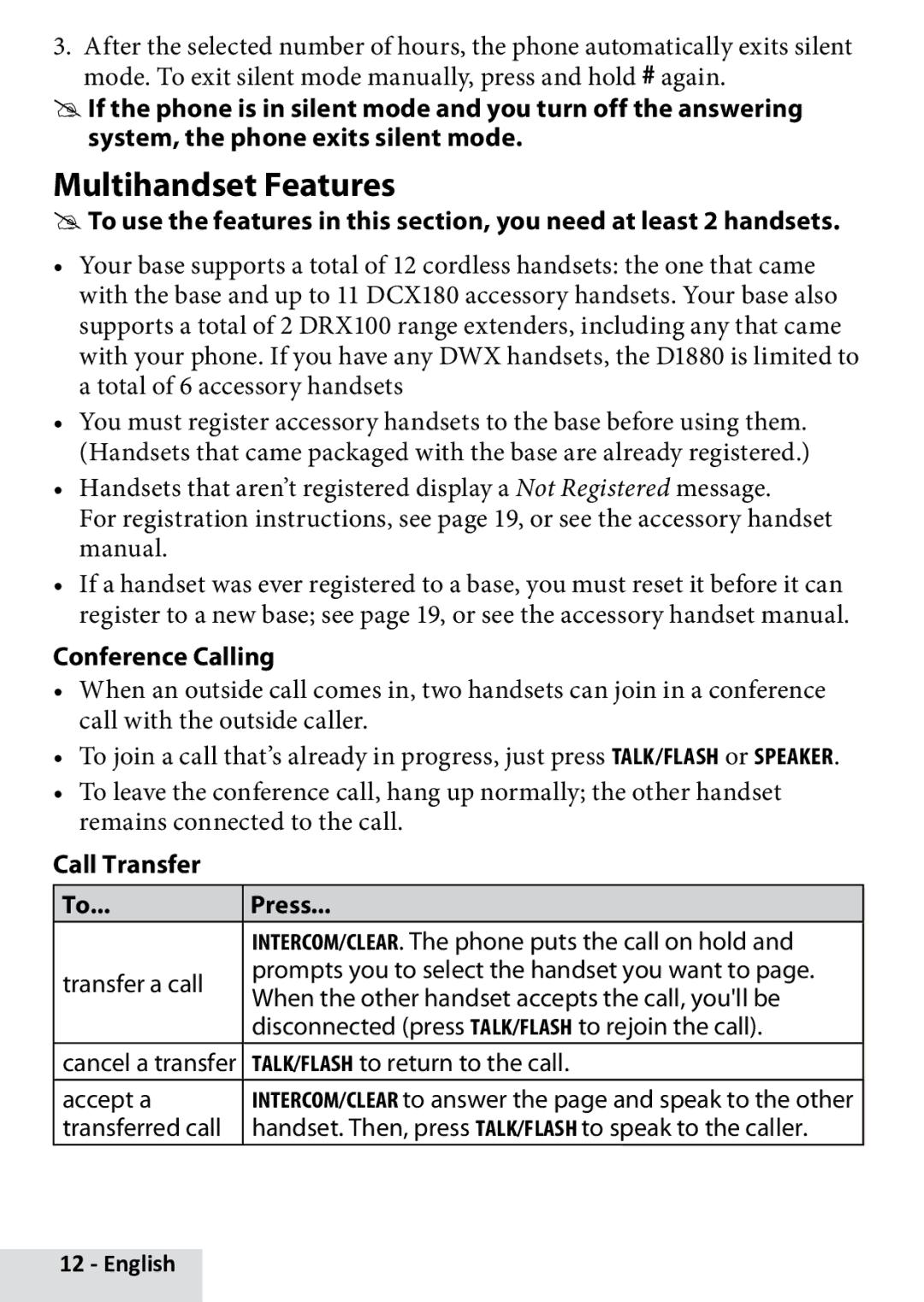 Uniden D1880 manual Multihandset Features, Conference Calling, Call Transfer Press 