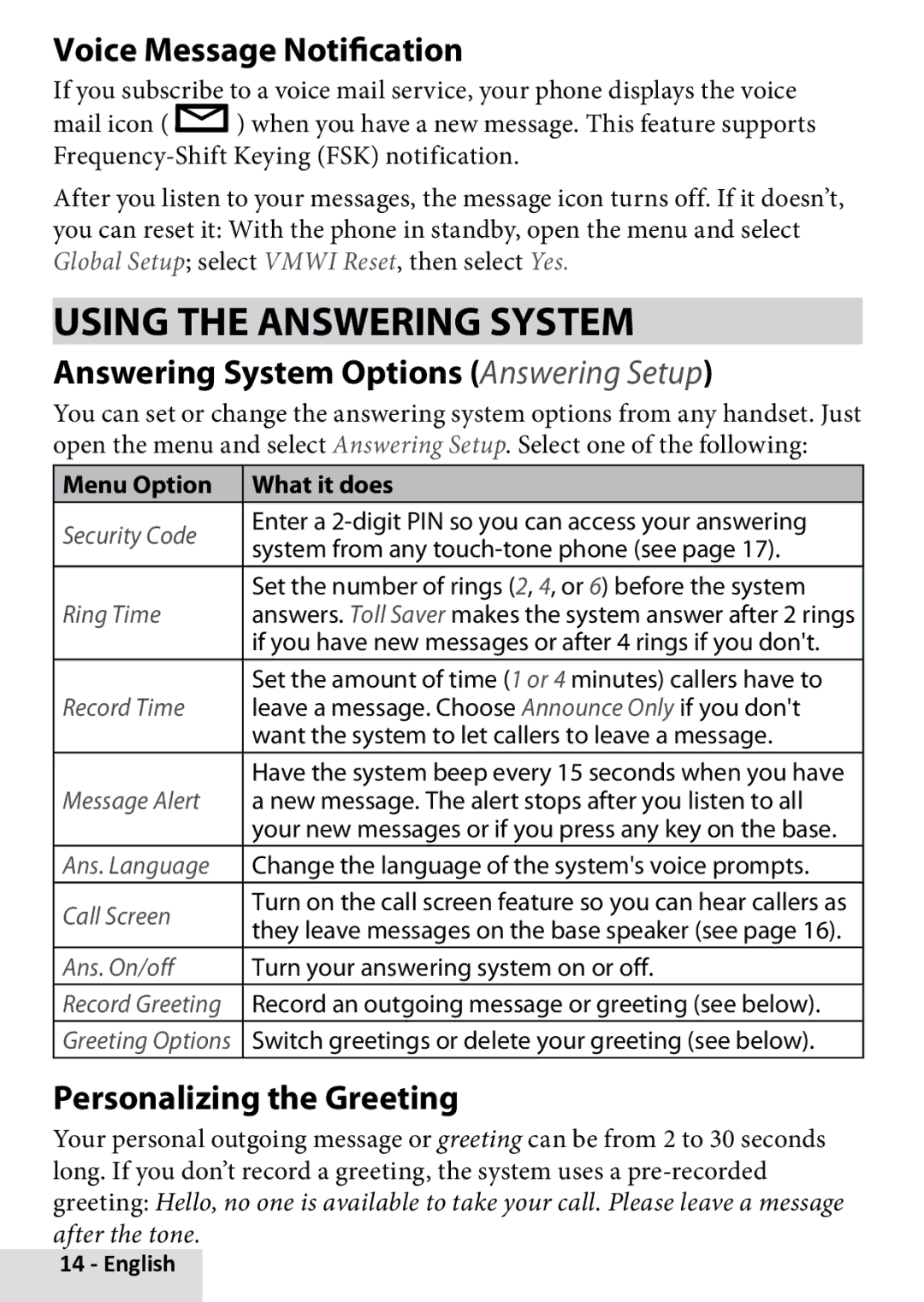 Uniden D1880 manual Using the Answering System, Voice Message Notification, Answering System Options Answering Setup 