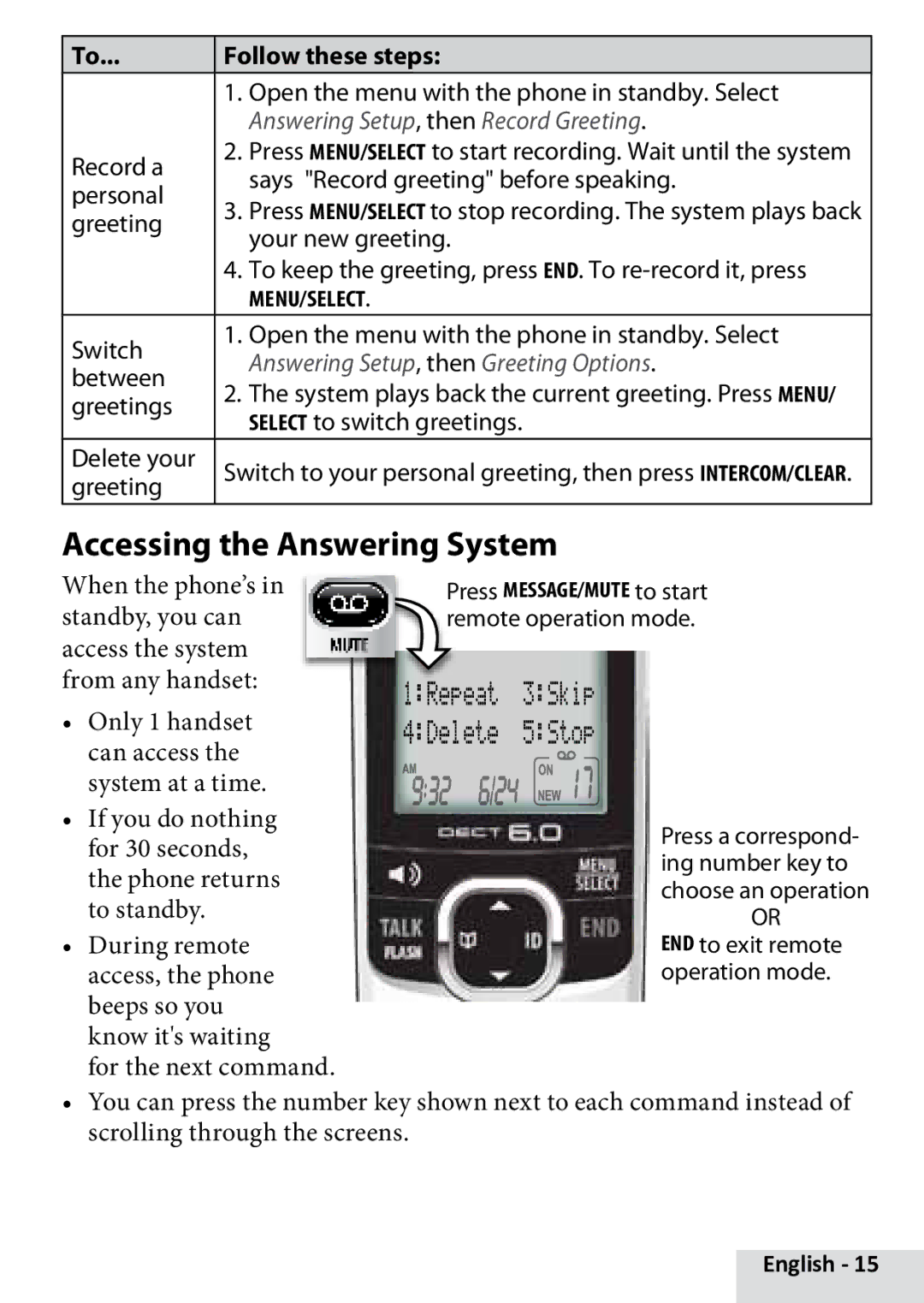 Uniden D1880 manual Accessing the Answering System, Follow these steps, Answering Setup, then Record Greeting 