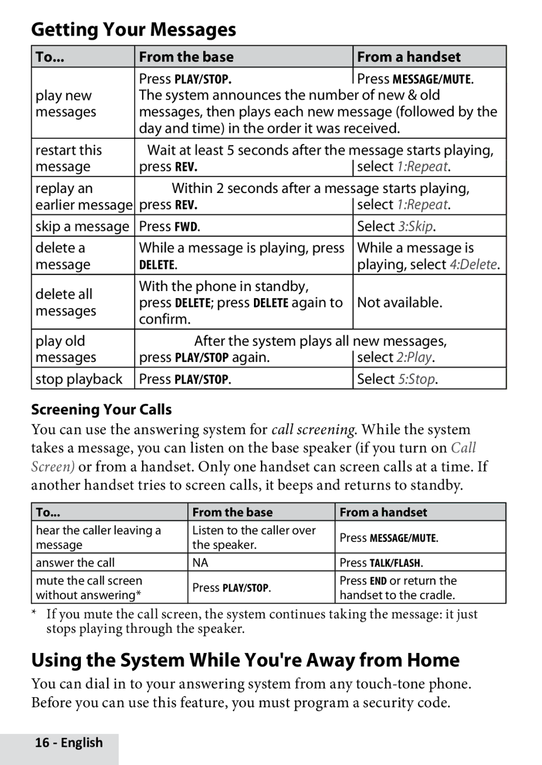 Uniden D1880 manual Getting Your Messages, Using the System While Youre Away from Home, From the base From a handset 