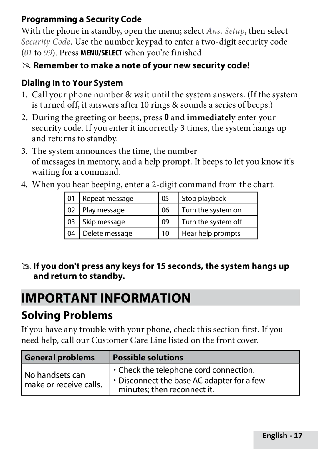 Uniden D1880 Important Information, Solving Problems, Programming a Security Code, General problems Possible solutions 