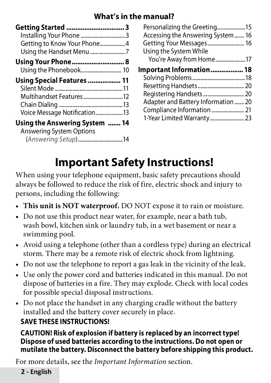 Uniden D1880 Important Safety Instructions, What’s in the manual?, Answering System Options, Using the System While 