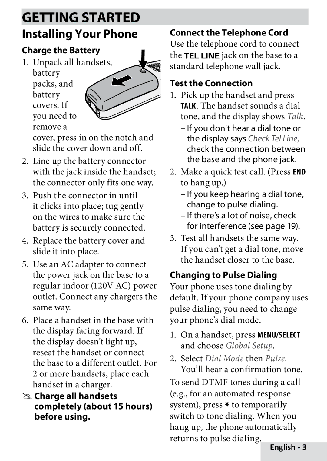 Uniden D1880 Getting Started, Installing Your Phone, Charge the Battery, Test the Connection, Changing to Pulse Dialing 