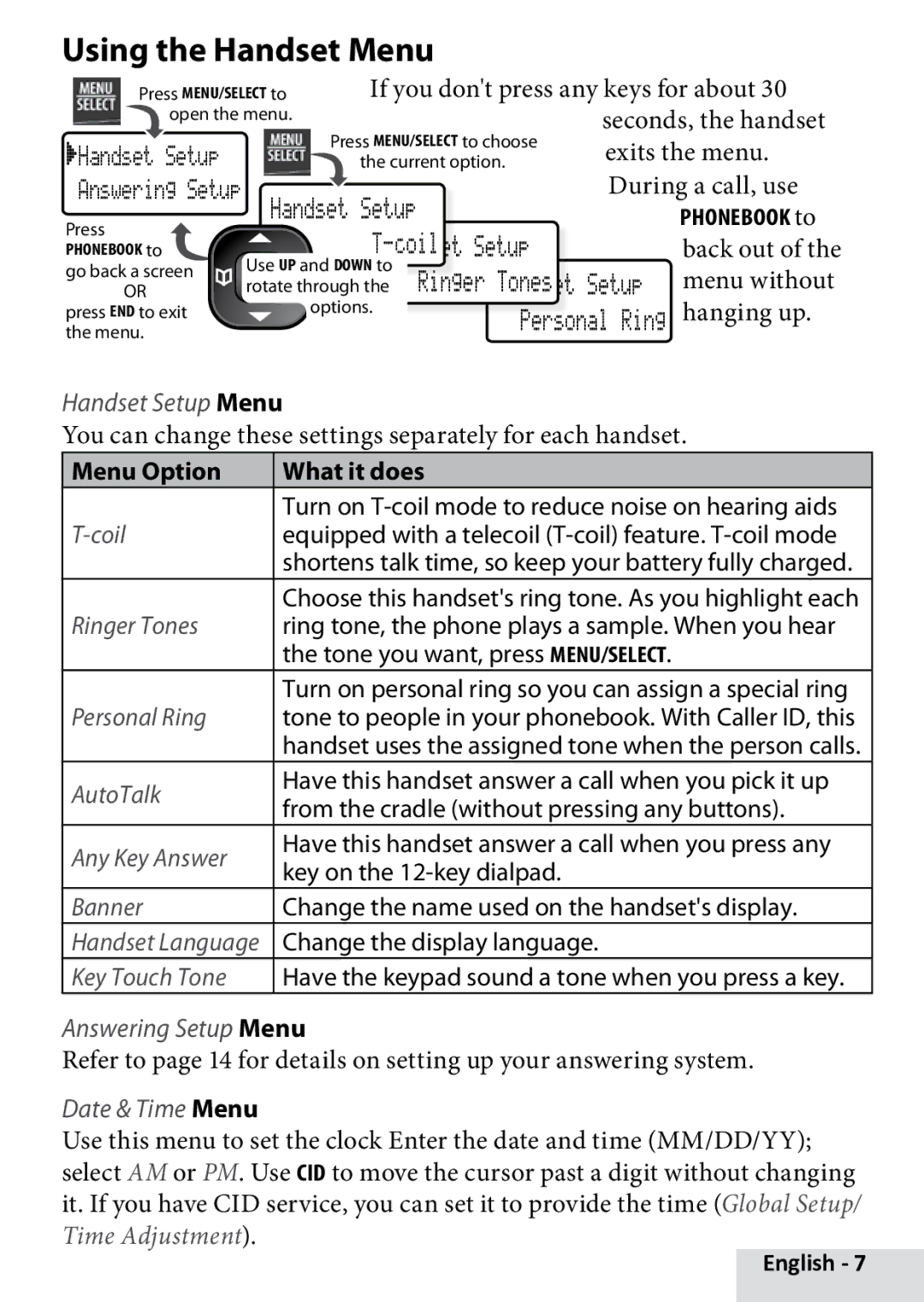 Uniden D1880 manual Using the Handset Menu, Menu Option What it does 