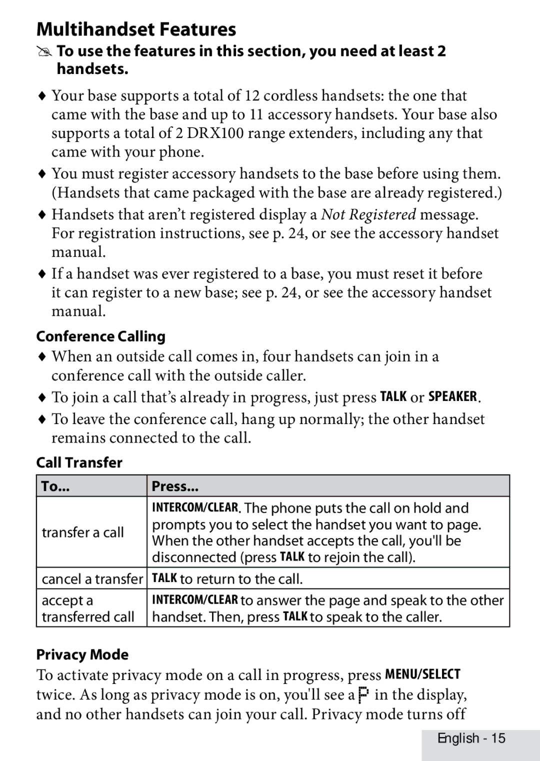 Uniden D22802 manual Multihandset Features, Conference Calling, Call Transfer Press, Privacy Mode 