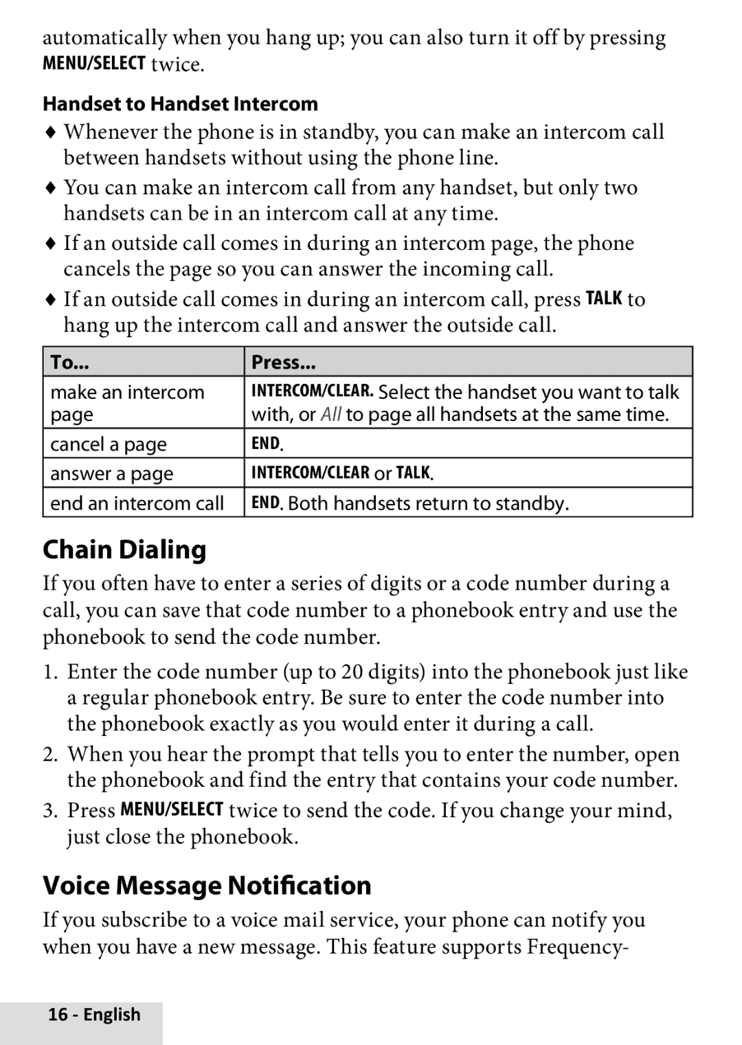 Uniden D22802 manual Chain Dialing, Voice Message Notification, Menu/select twice Handset to Handset Intercom 