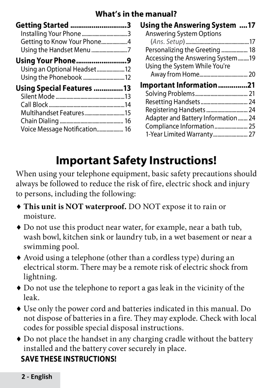 Uniden D22802 Important Safety Instructions, What’s in the manual?, Answering System Options 