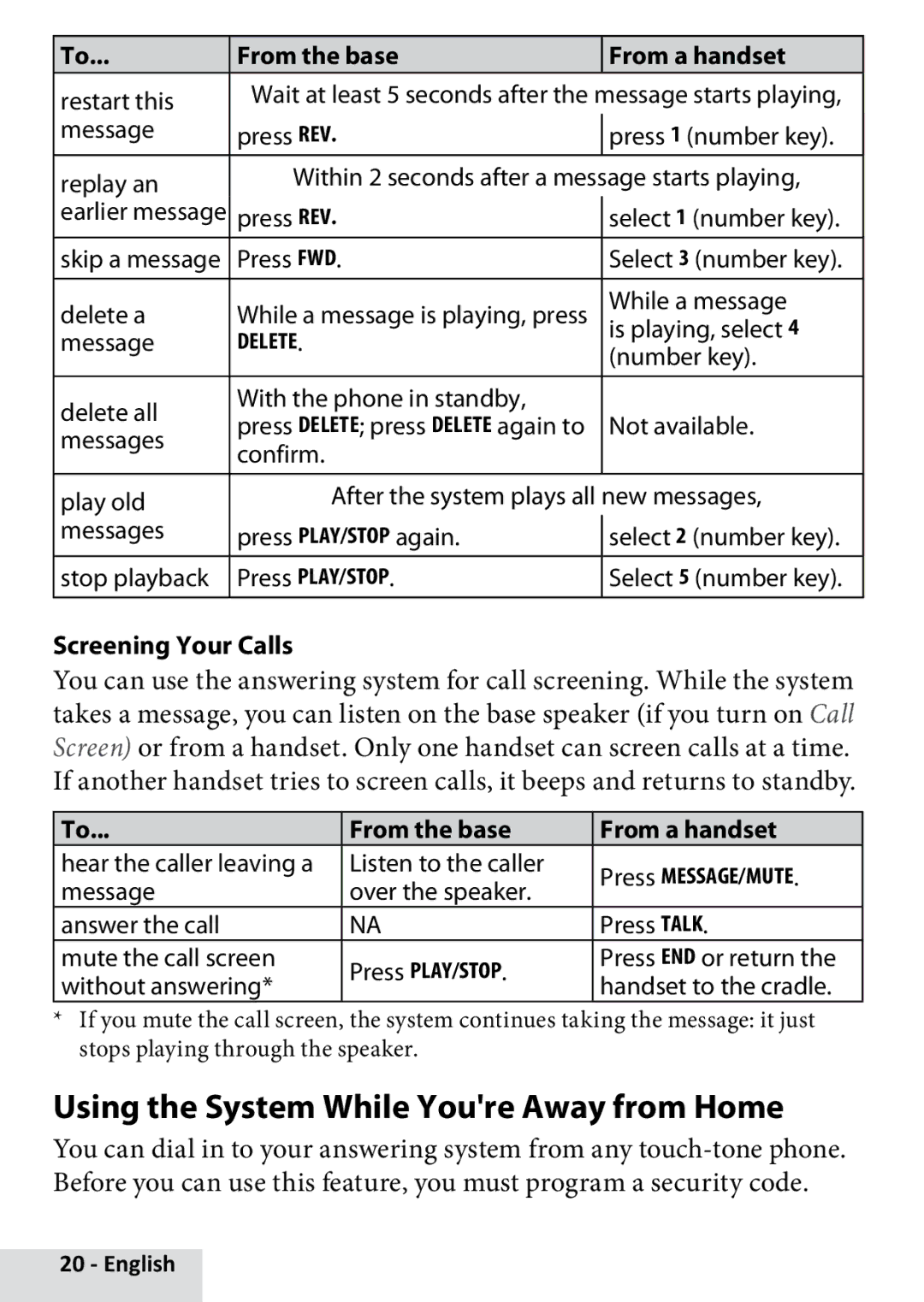 Uniden D22802 manual Using the System While Youre Away from Home, Screening Your Calls 