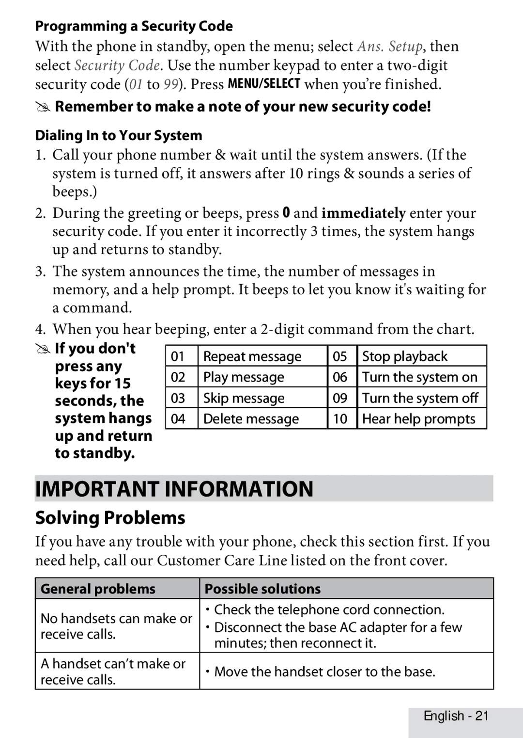 Uniden D22802 manual Important Information, Solving Problems 
