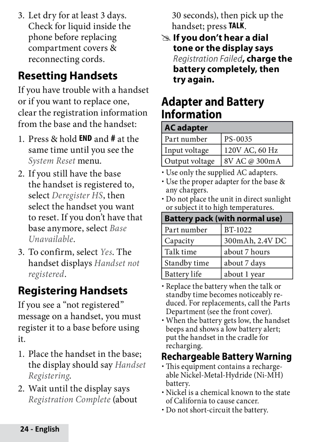 Uniden D2280 manual Resetting Handsets, Registering Handsets, Adapter and Battery Information, Rechargeable Battery Warning 