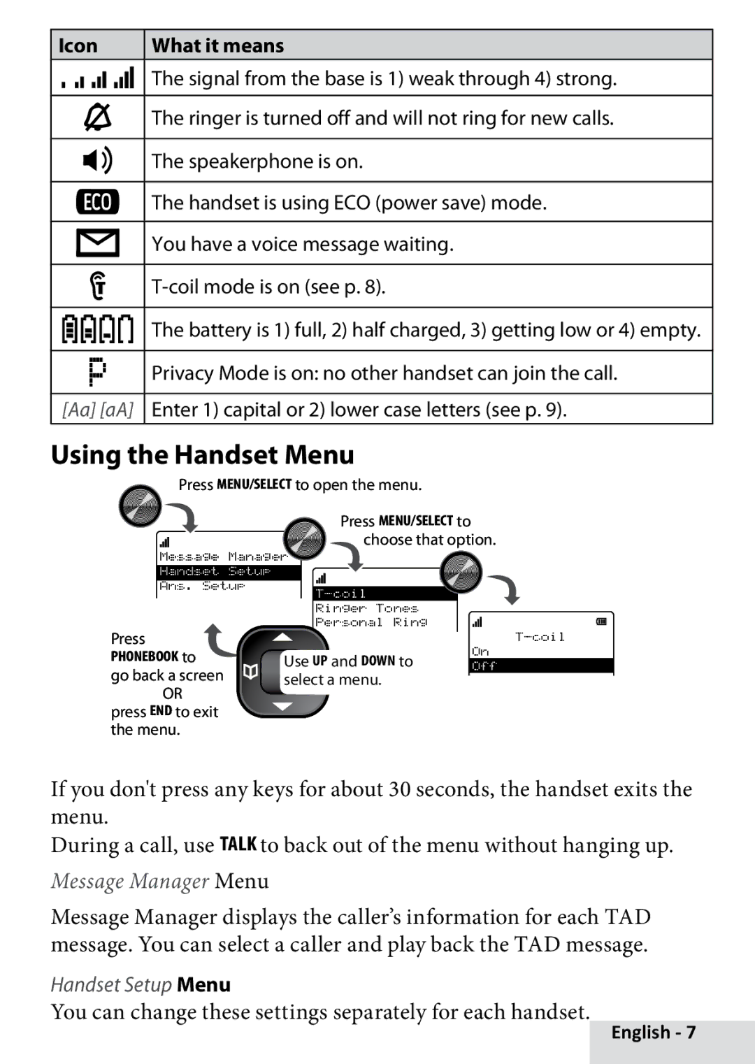 Uniden D22802 manual Using the Handset Menu, Icon What it means, Handset Setup Menu 