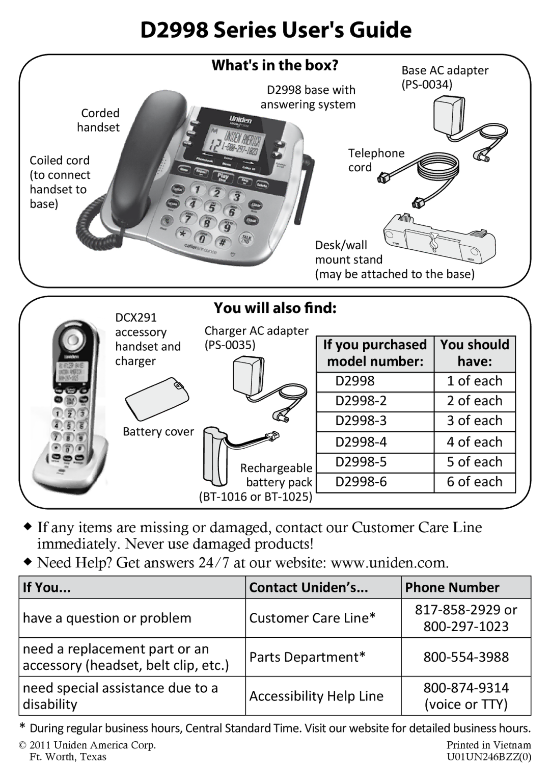 Uniden D2998-5 manual D2998 Series Users Guide, You will also find, If you purchased You should, Model number Have 