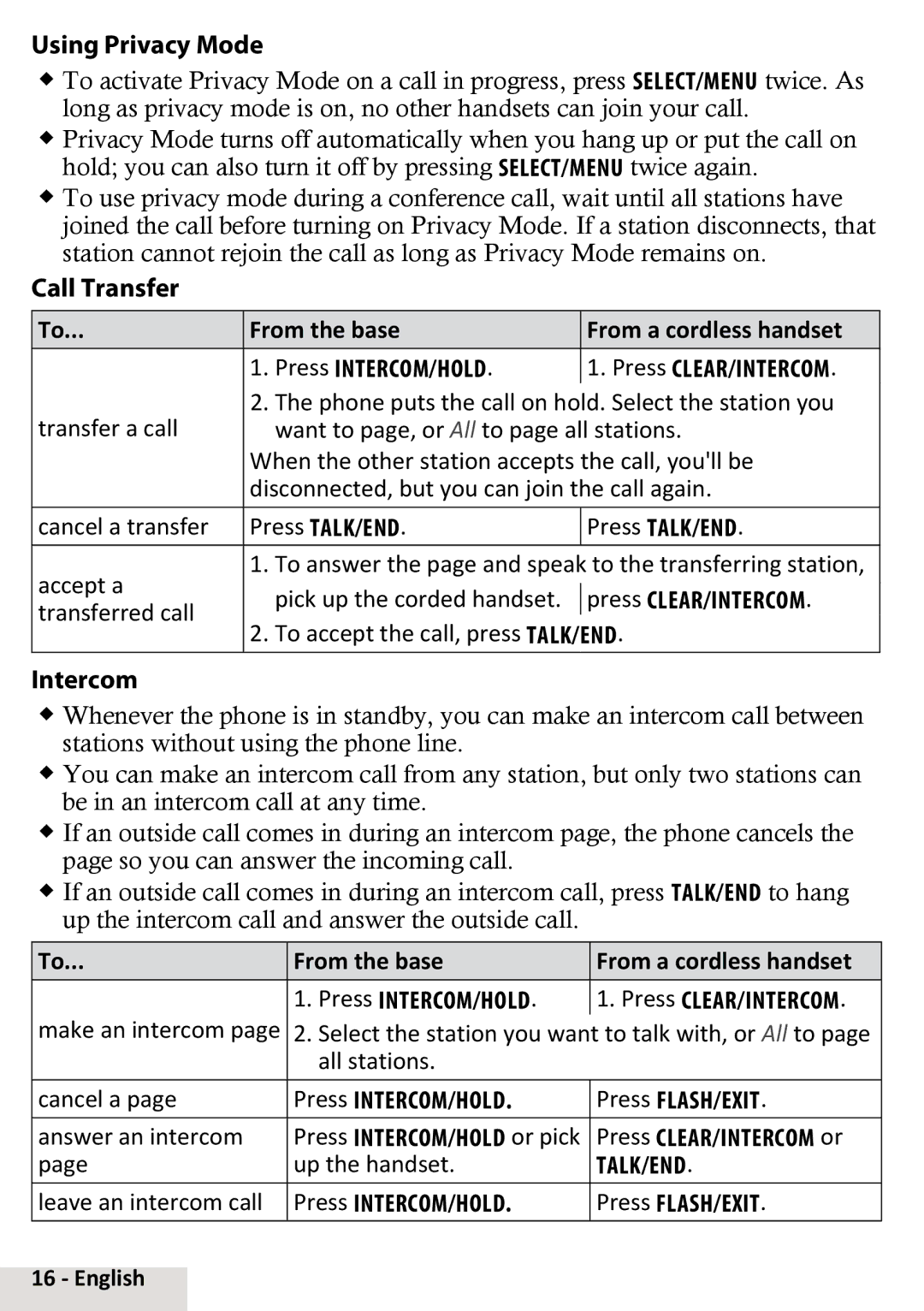 Uniden D2998-2, D2998-4, D2998-5, D2998-3 Using Privacy Mode, Call Transfer, Intercom, From the base From a cordless handset 