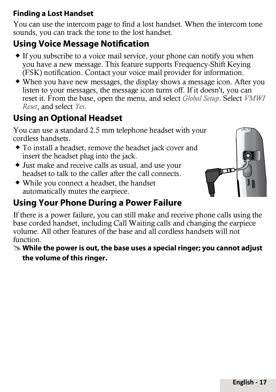 Uniden D2998-4 Using Voice Message Notification, Using an Optional Headset, Using Your Phone During a Power Failure 