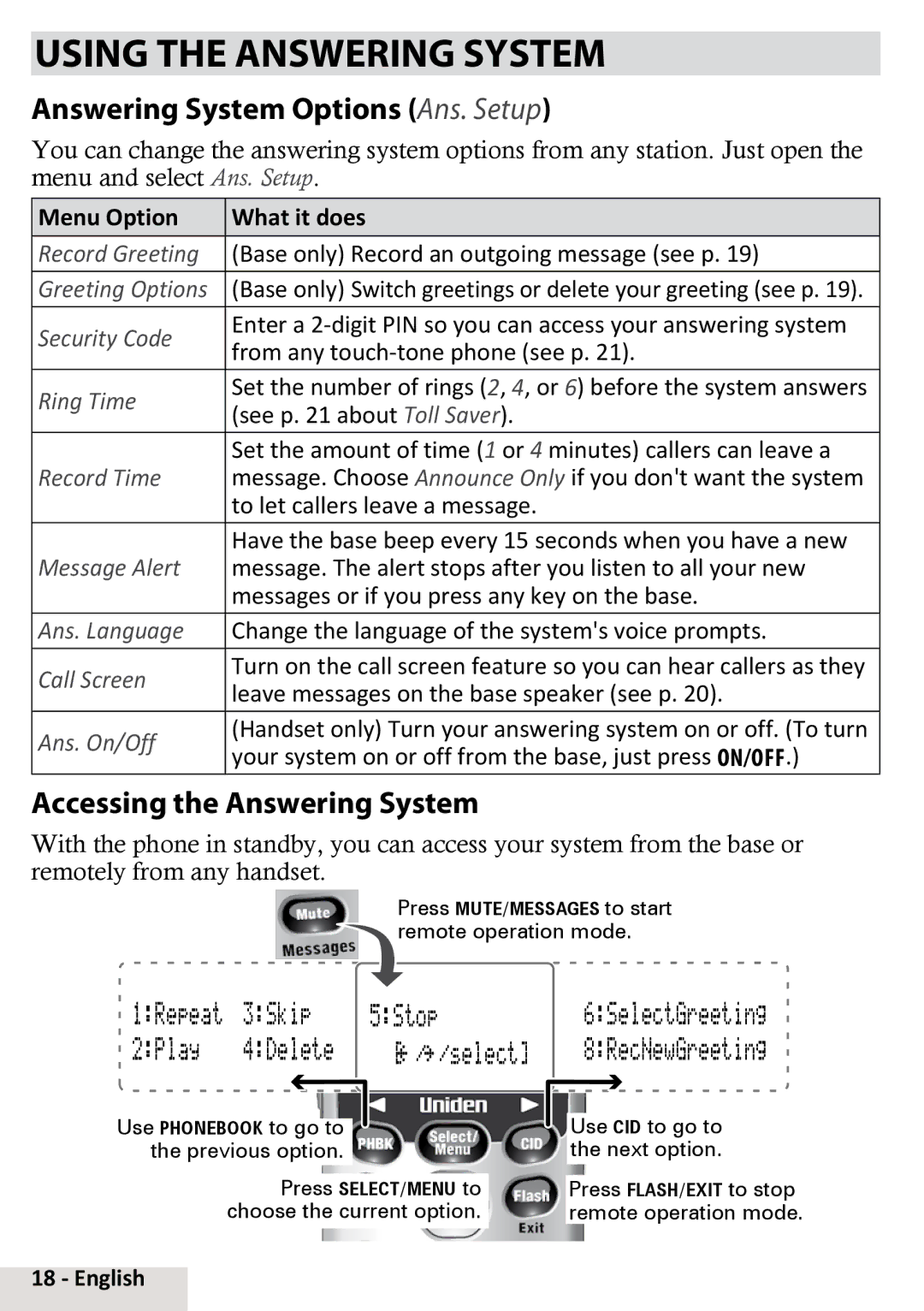 Uniden D2998-4, D2998-5 Using the Answering System, Answering System Options Ans. Setup, Accessing the Answering System 