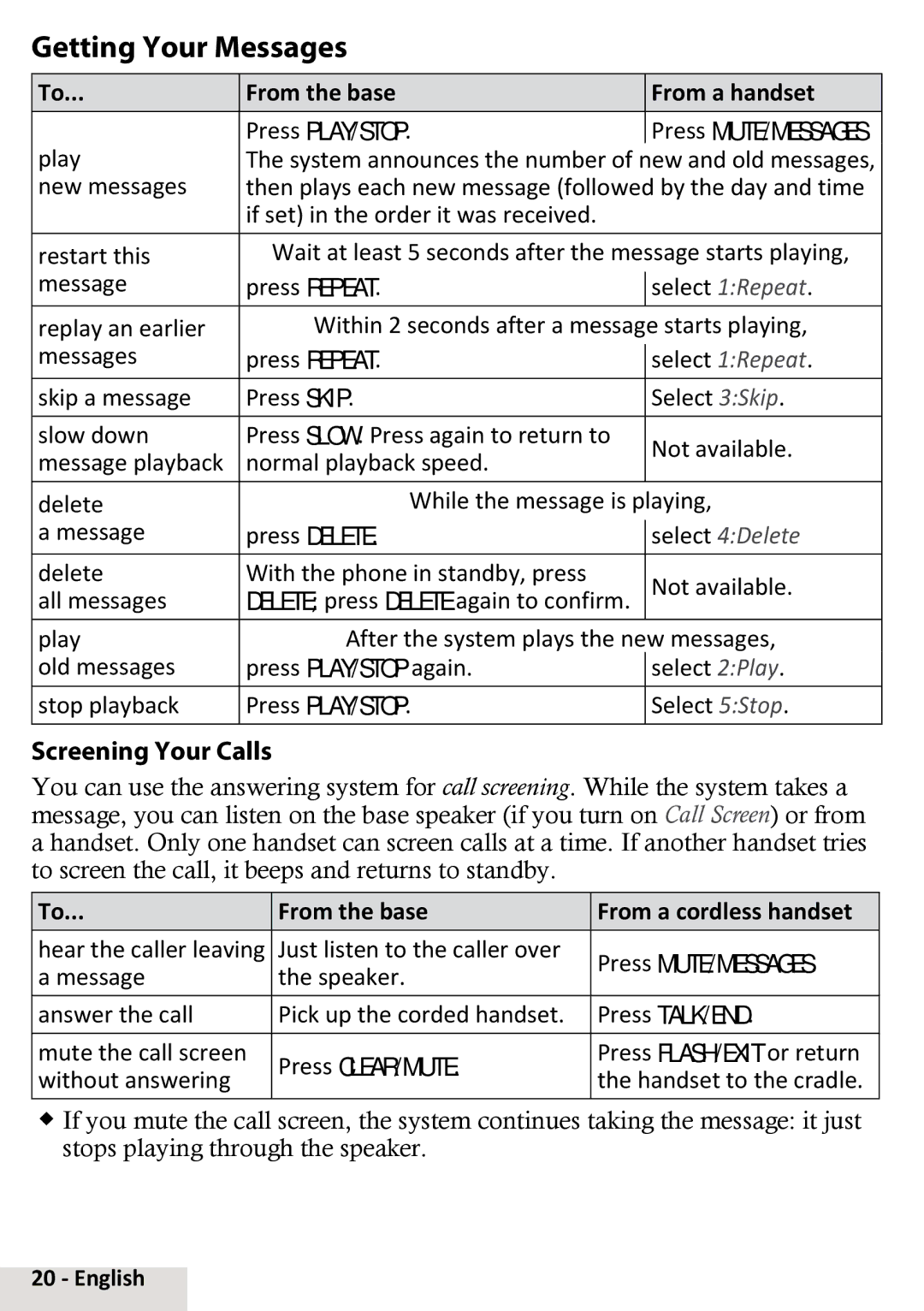 Uniden D2998-3, D2998-4, D2998-5 Getting Your Messages, Screening Your Calls, From the base From a handset, Press Play/stop 