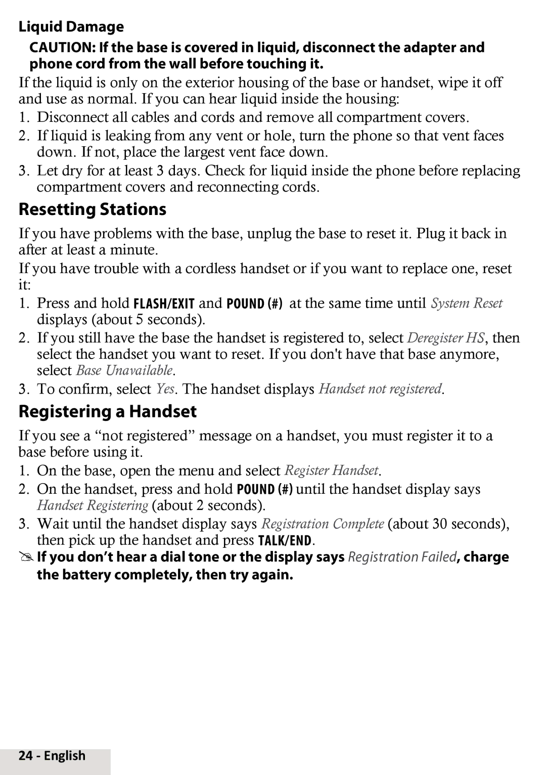 Uniden D2998-4, D2998-5, D2998-3, D2998-6, D2998-2 manual Resetting Stations, Registering a Handset, Liquid Damage 