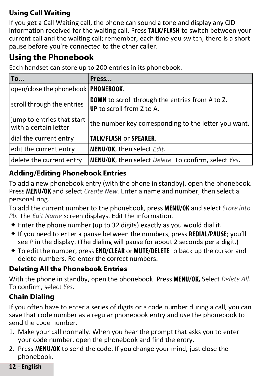 Uniden D3097 Using the Phonebook, Using Call Waiting, Adding/Editing Phonebook Entries, Deleting All the Phonebook Entries 