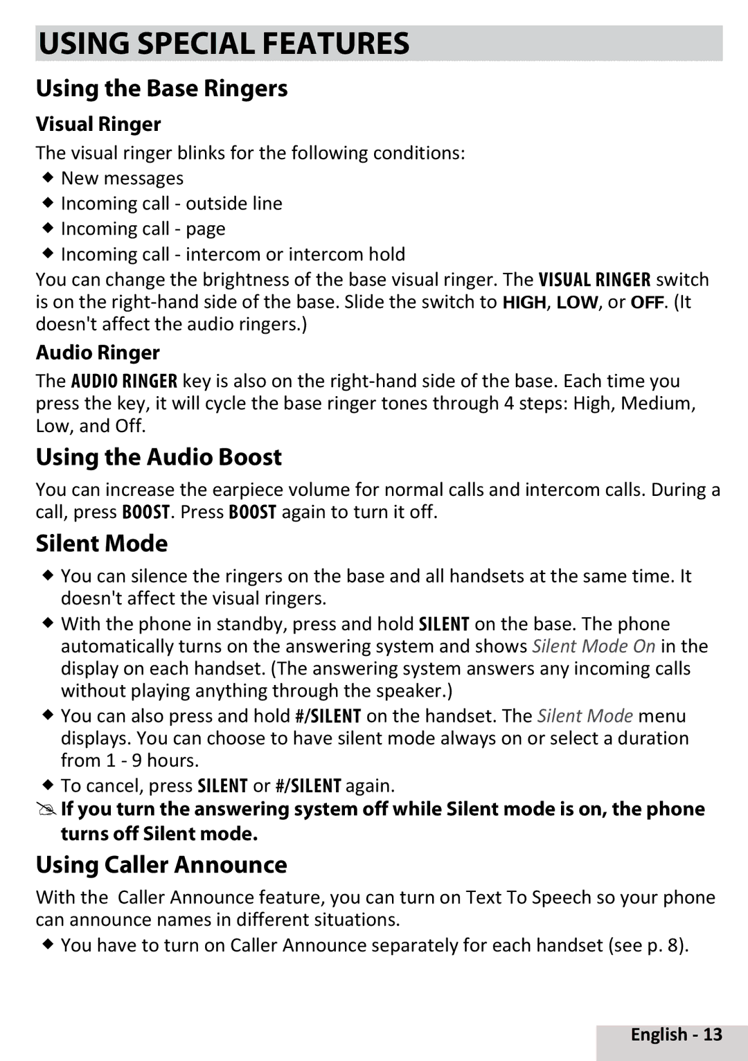 Uniden D3097 Using Special Features, Using the Base Ringers, Using the Audio Boost, Silent Mode, Using Caller Announce 