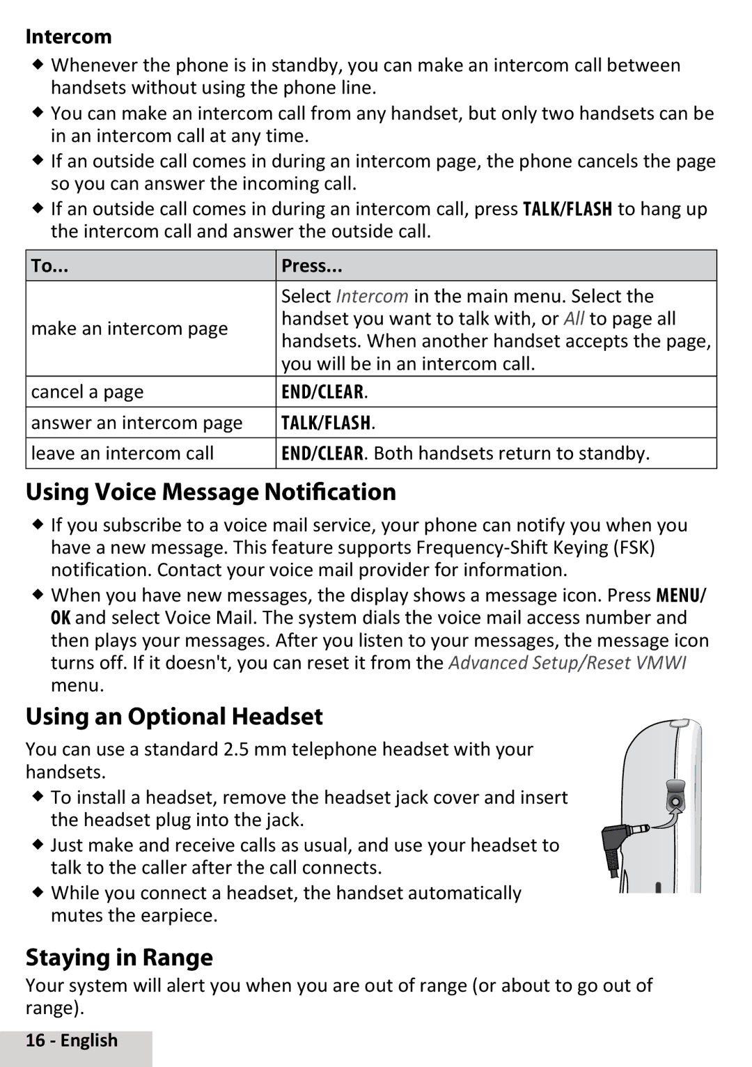 Uniden D3097 manual Using Voice Message Notification, Using an Optional Headset, Staying in Range, Intercom 