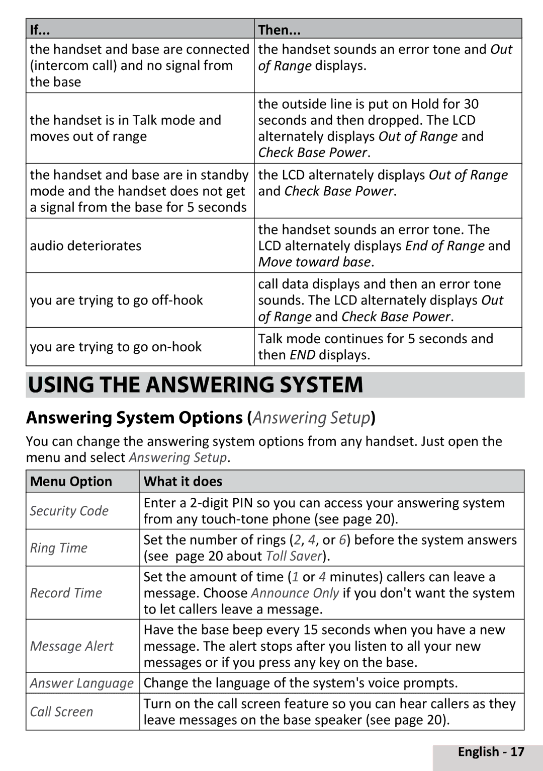 Uniden D3097 manual Using the Answering System, Answering System Options Answering Setup, Then 