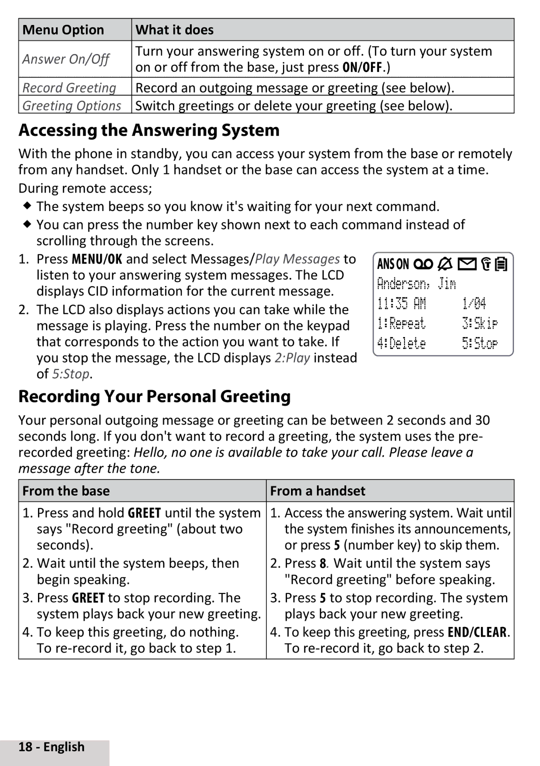 Uniden D3097 manual Accessing the Answering System, Recording Your Personal Greeting, From the base From a handset 