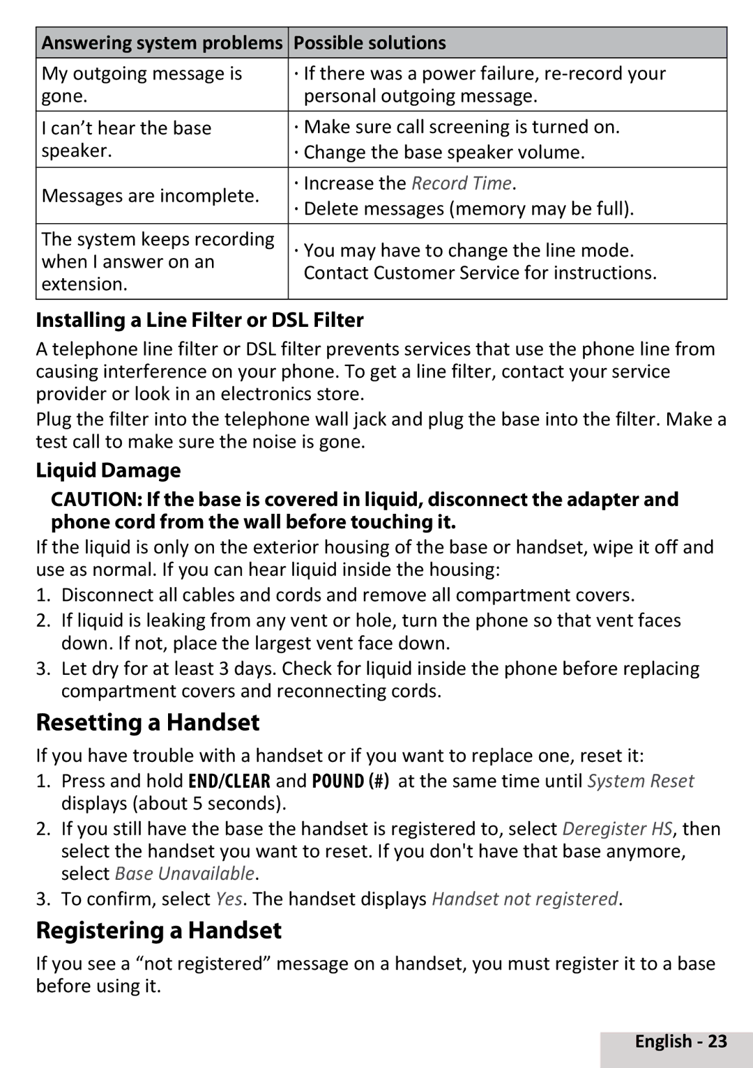 Uniden D3097 manual Resetting a Handset, Registering a Handset, Installing a Line Filter or DSL Filter, Liquid Damage 