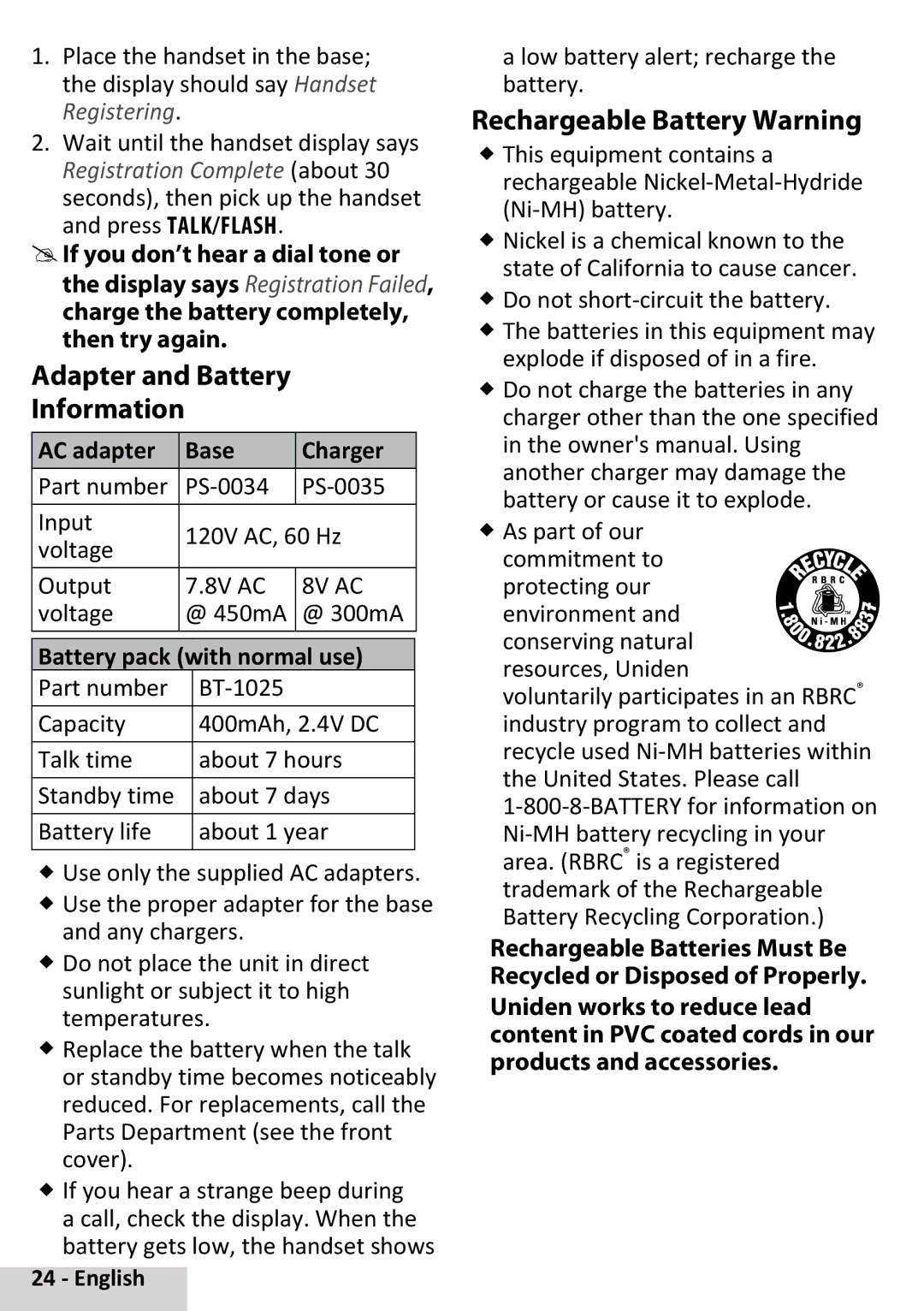 Uniden D3097 manual AC adapter Base Charger, Battery pack with normal use 