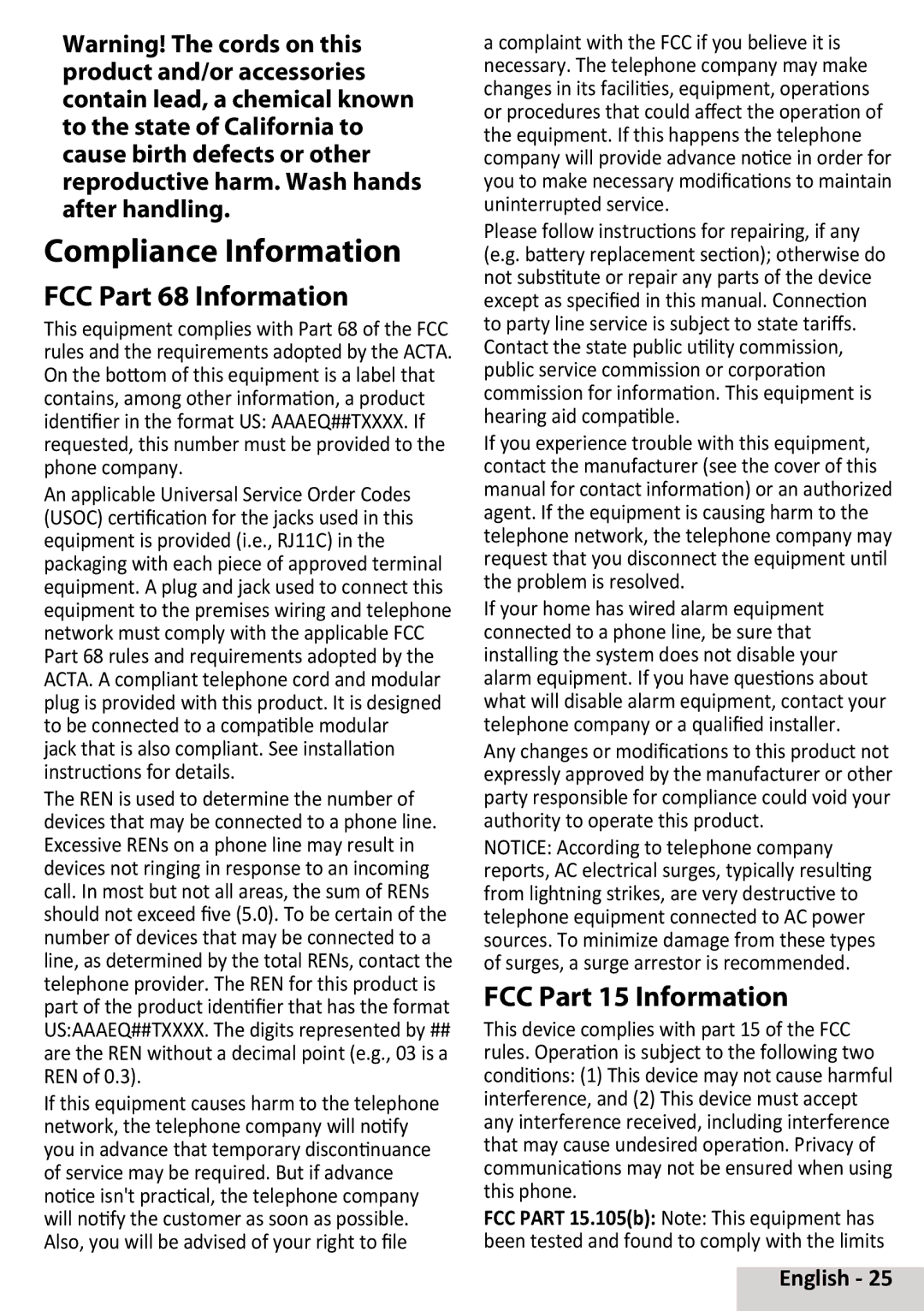 Uniden D3097 manual Compliance Information 