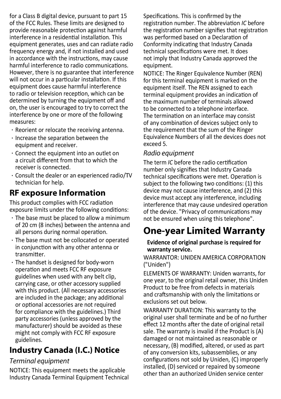 Uniden D3097 manual One-year Limited Warranty 
