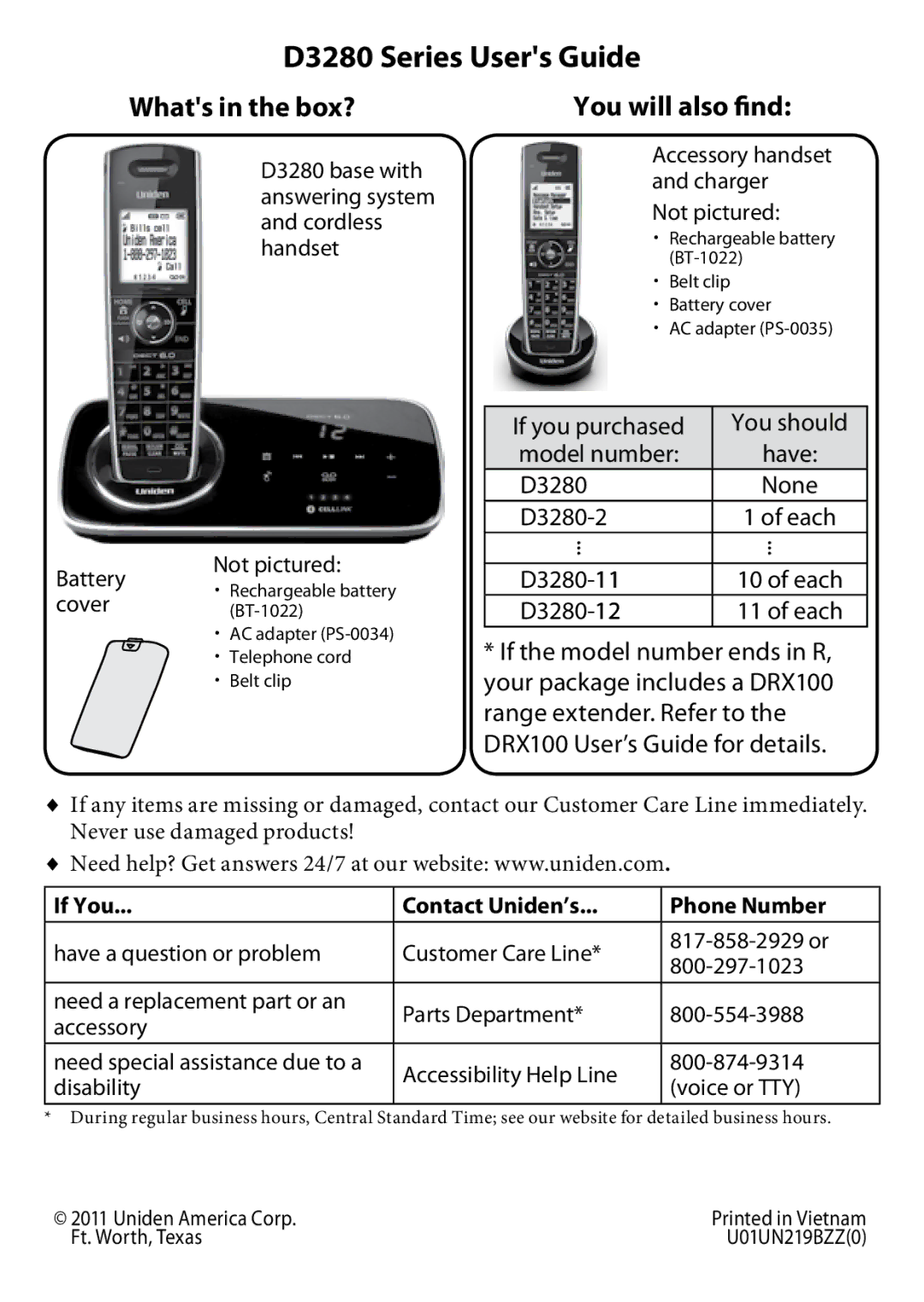 Uniden manual D3280 Series Users Guide, You will also find, If You Contact Uniden’s Phone Number 