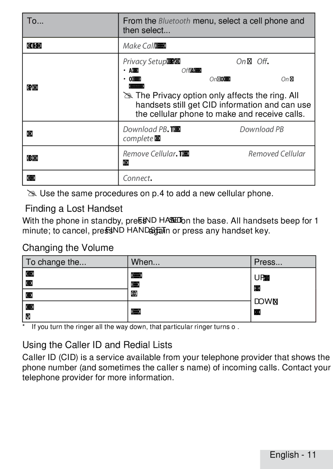 Uniden D3280 manual Finding a Lost Handset, Changing the Volume, Using the Caller ID and Redial Lists 