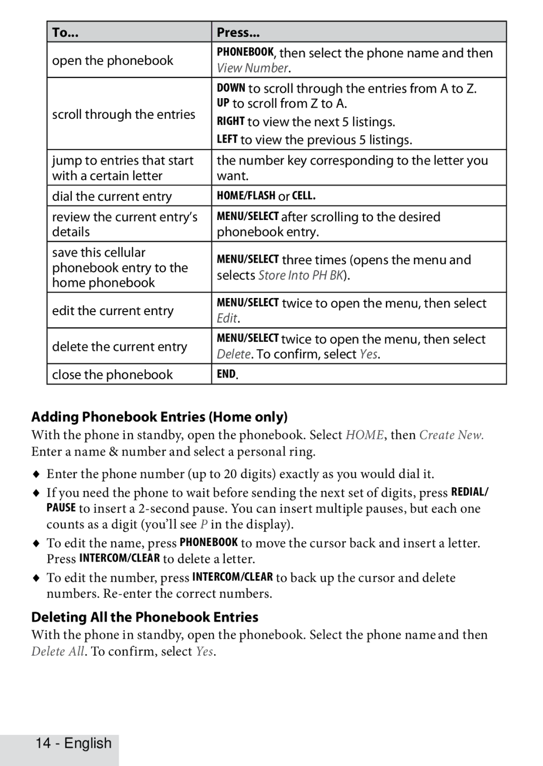 Uniden D3280 Adding Phonebook Entries Home only, Deleting All the Phonebook Entries, View Number, Selects Store Into PH BK 